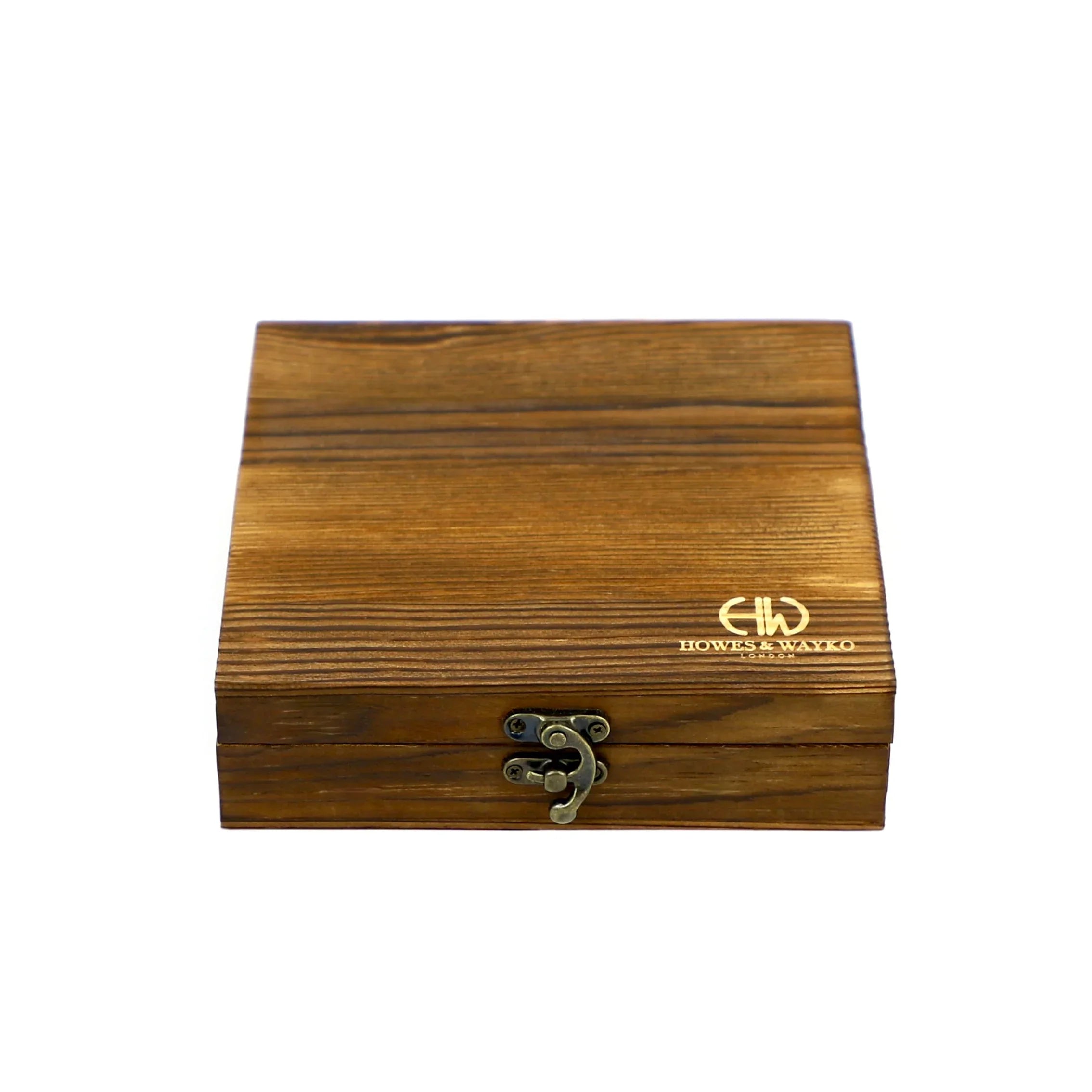 wooden hip flask box closed with howes and wayko logo