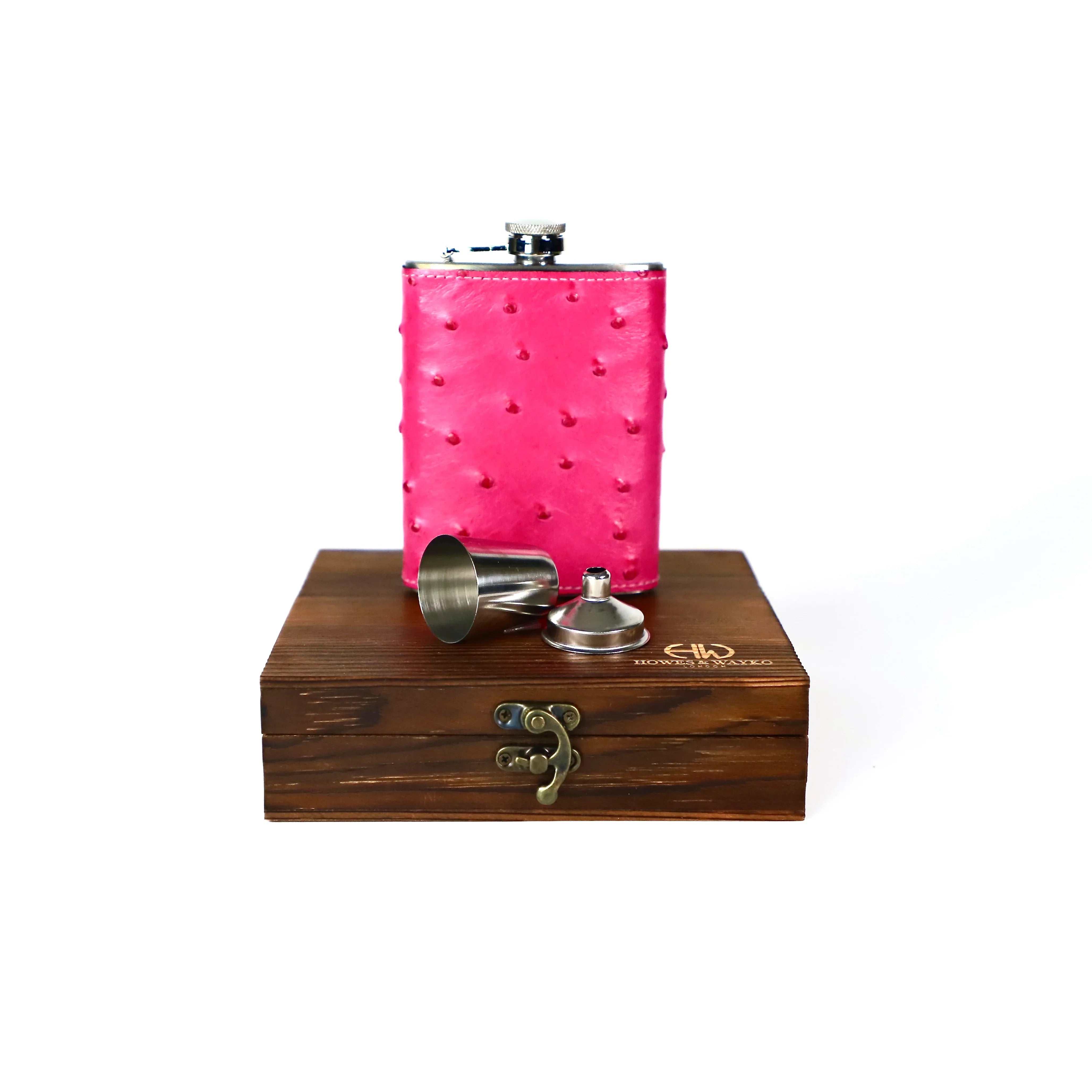 8oz Pink Ostrich covered metal flask with wooden gift box on a white background