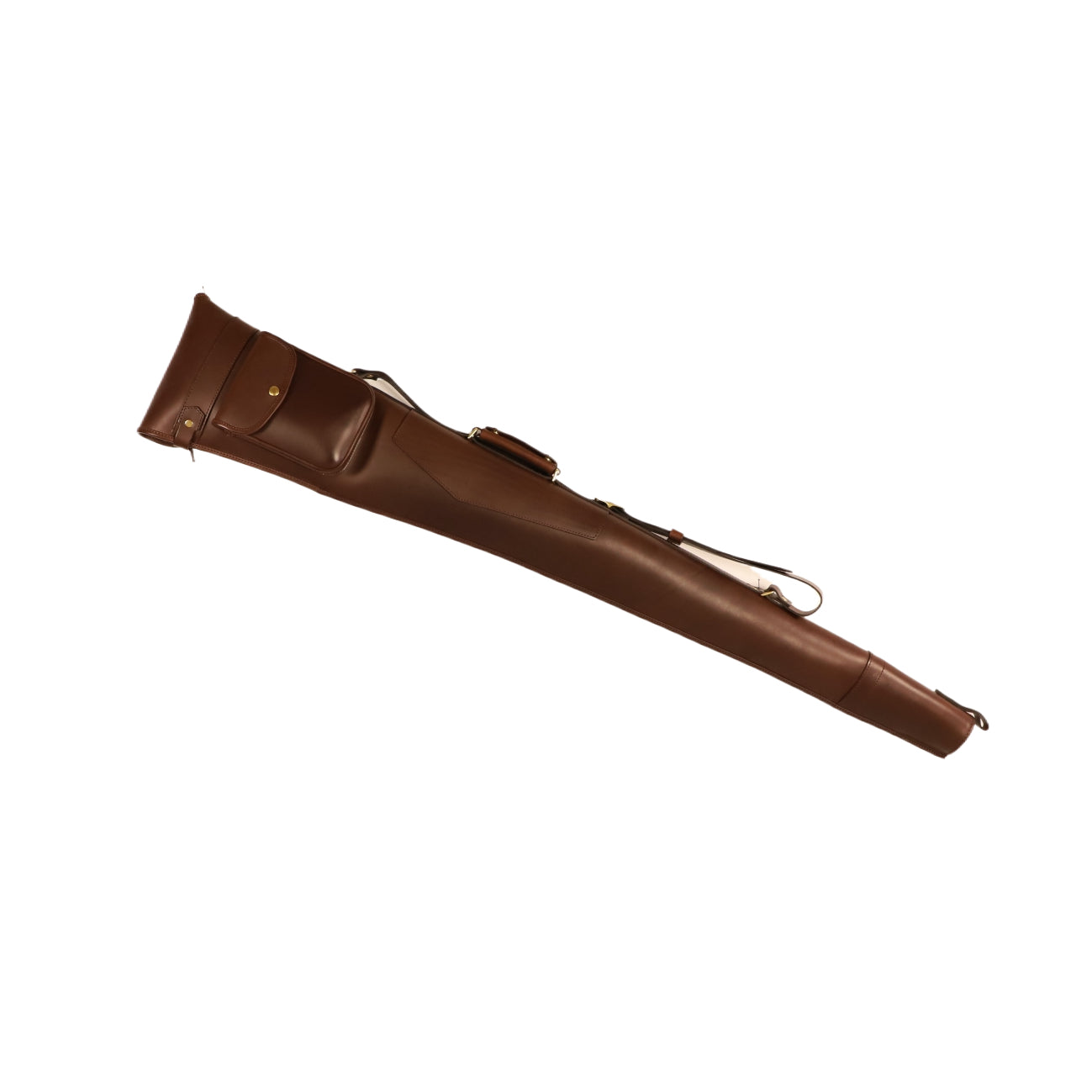 Brown veg-tanned leather slip with brass hardware on a white background