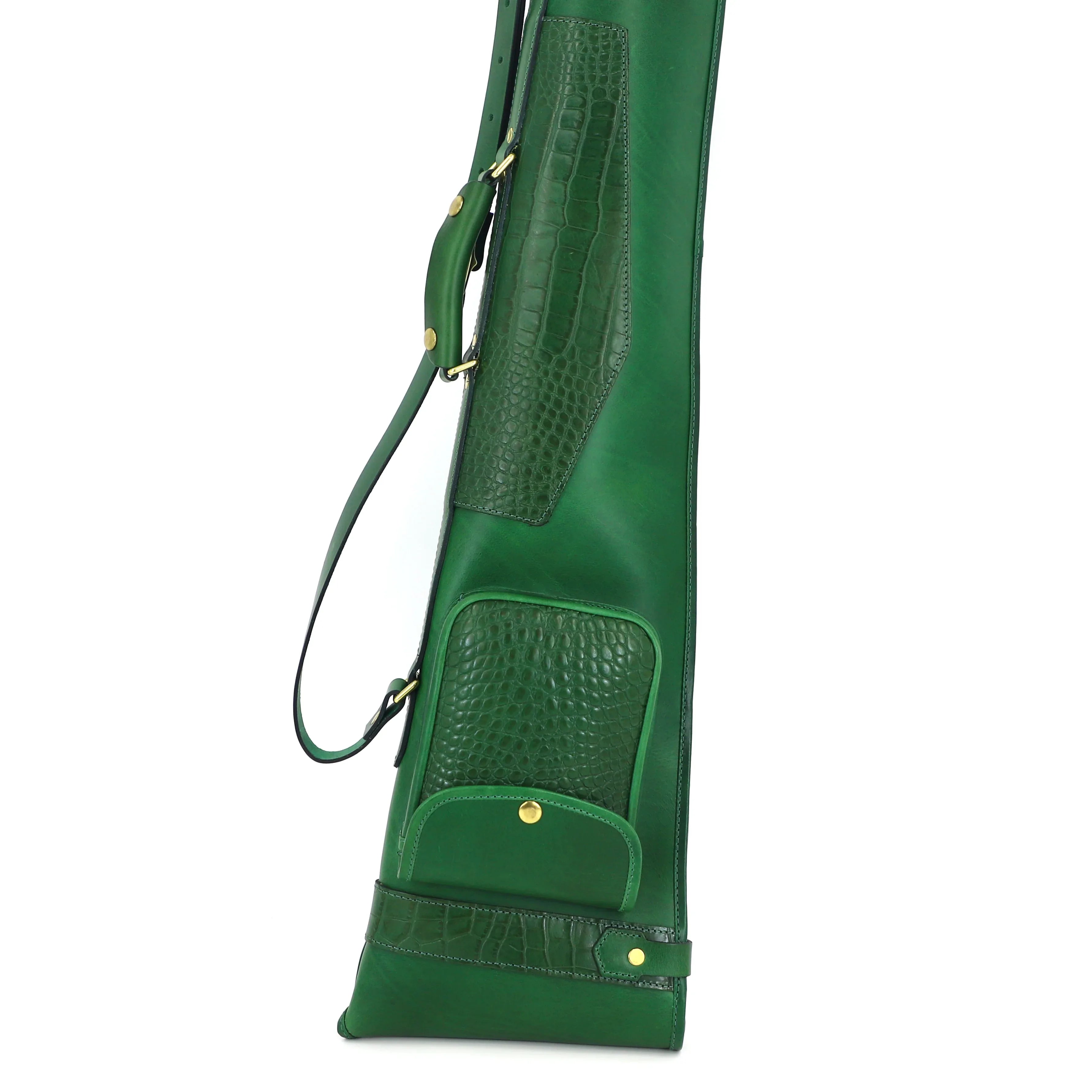 gun slip in green with matching mock crocodile skin. It features a luxurious sheepskin lining, a substantial outer pocket and eye-catching brass hardware upright