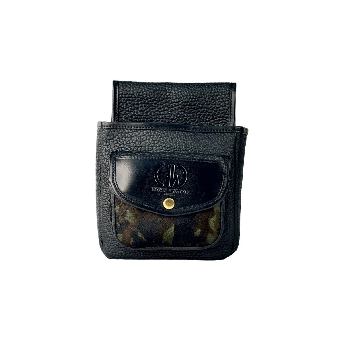 Black leather pouch with camouflage pocket on a white background
