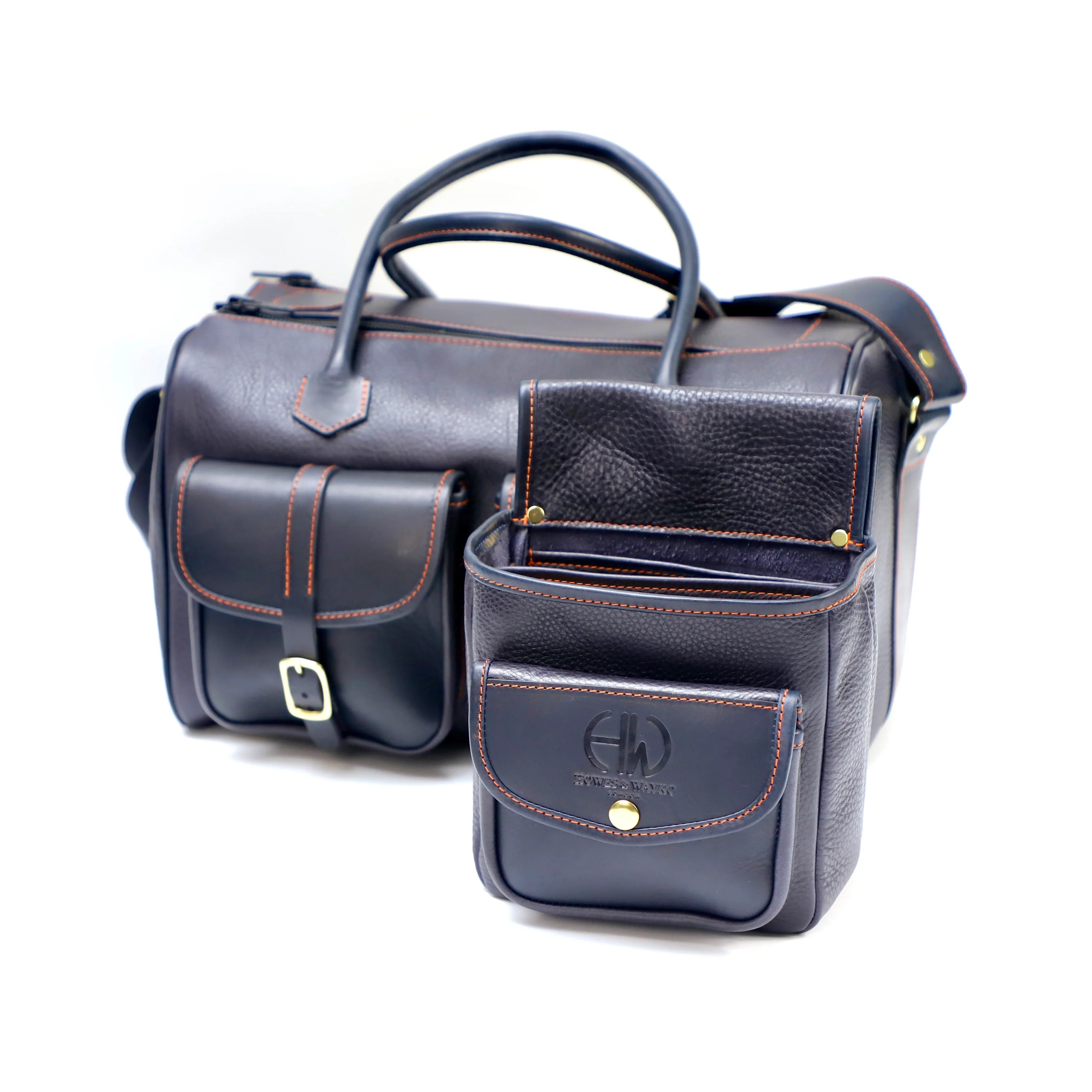 British Made Erin Olivia Navy - Shooting Range Bag side view with open matching cartridge carrier pouch