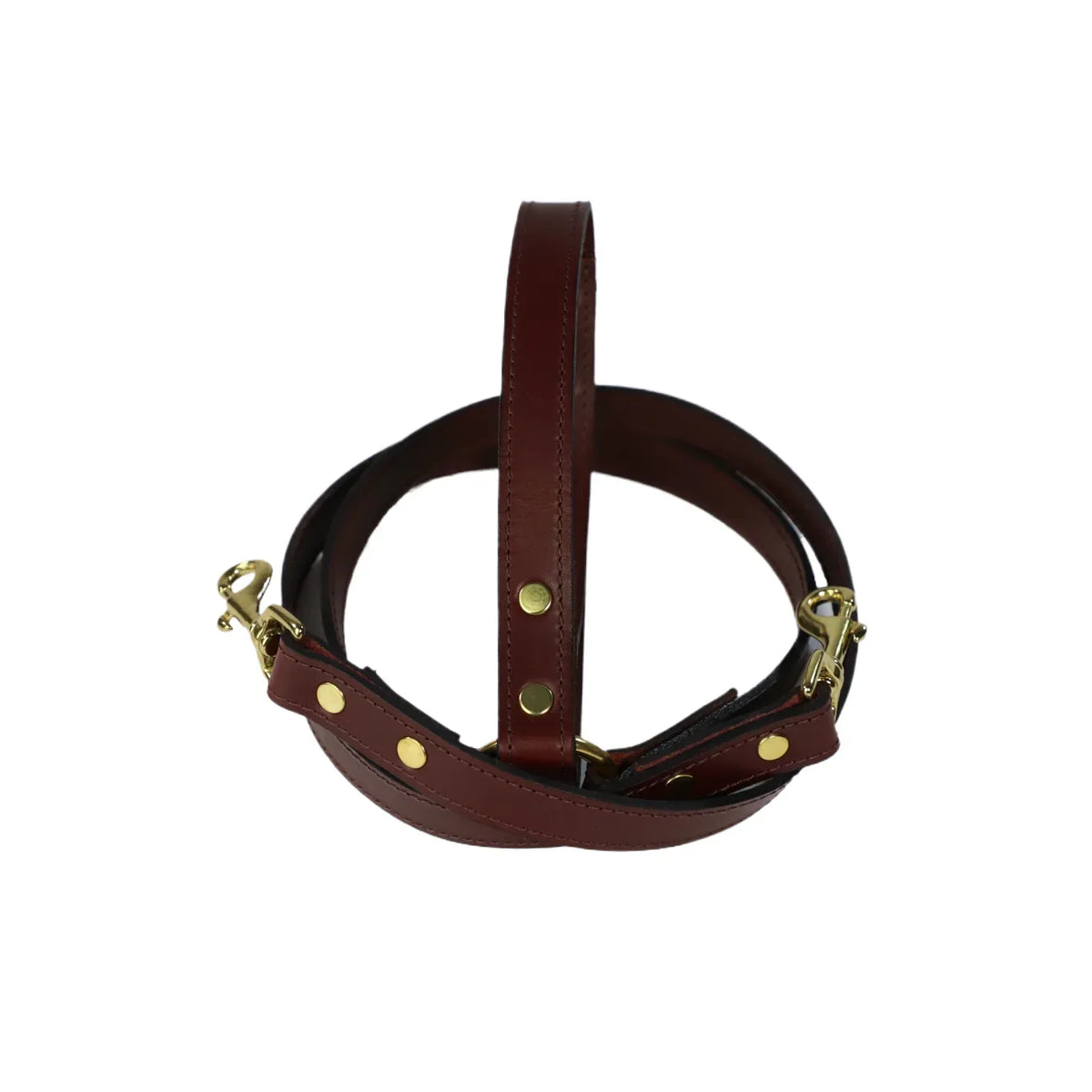 Burgundy leather halter with brass hardware on a white background