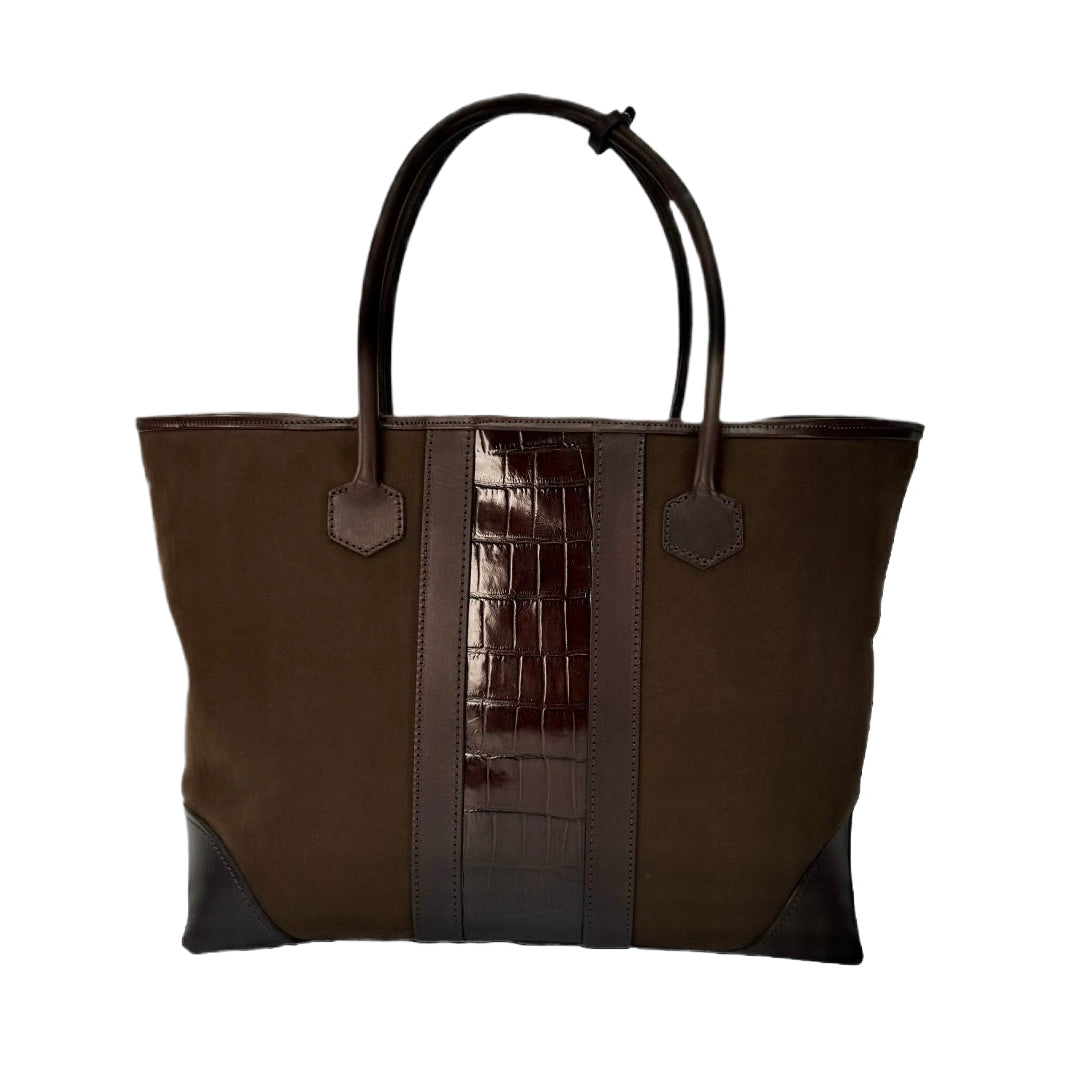 Large Brown tote bag with leather accents on a white background