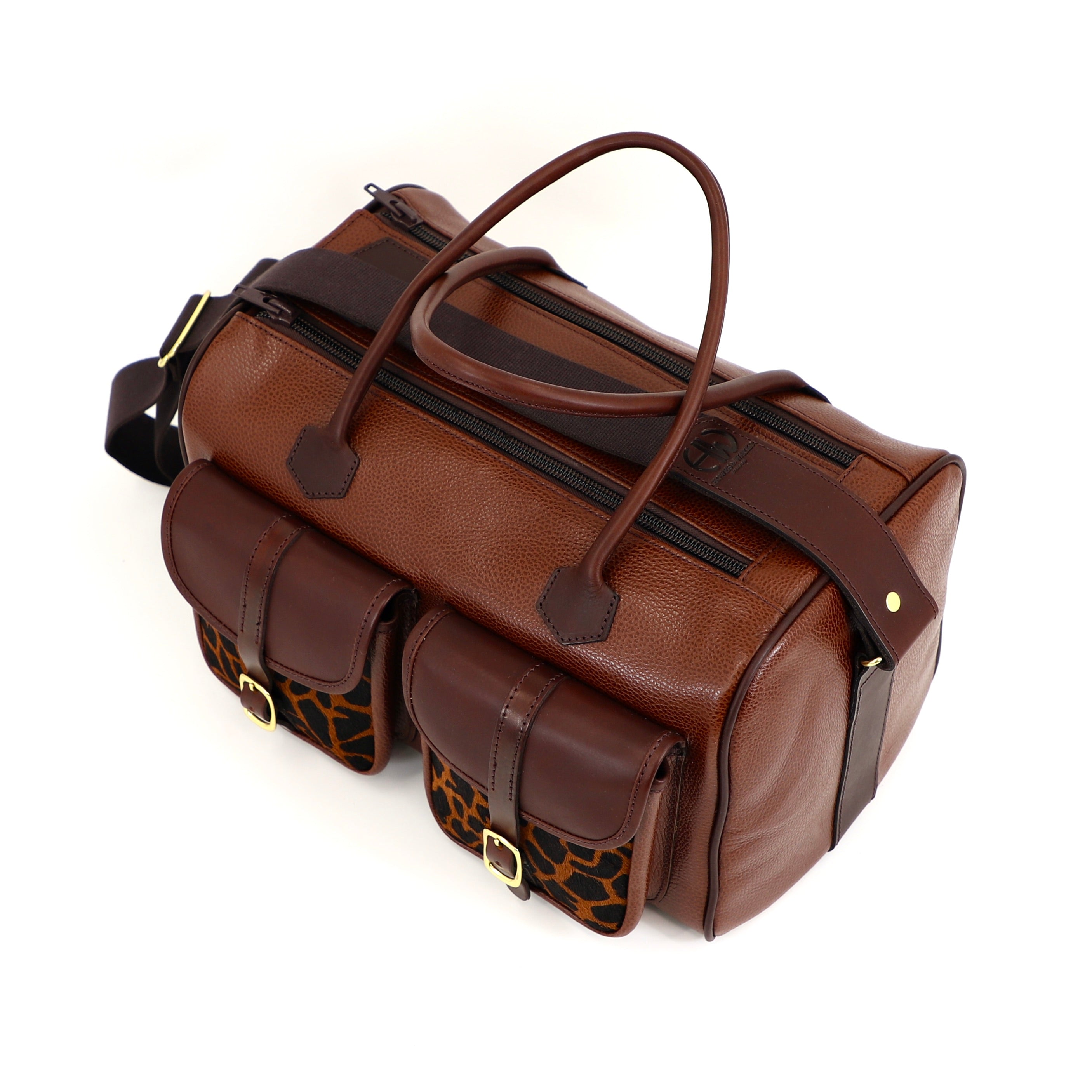 caramel brown leather range back with cheetah style front pockets top view