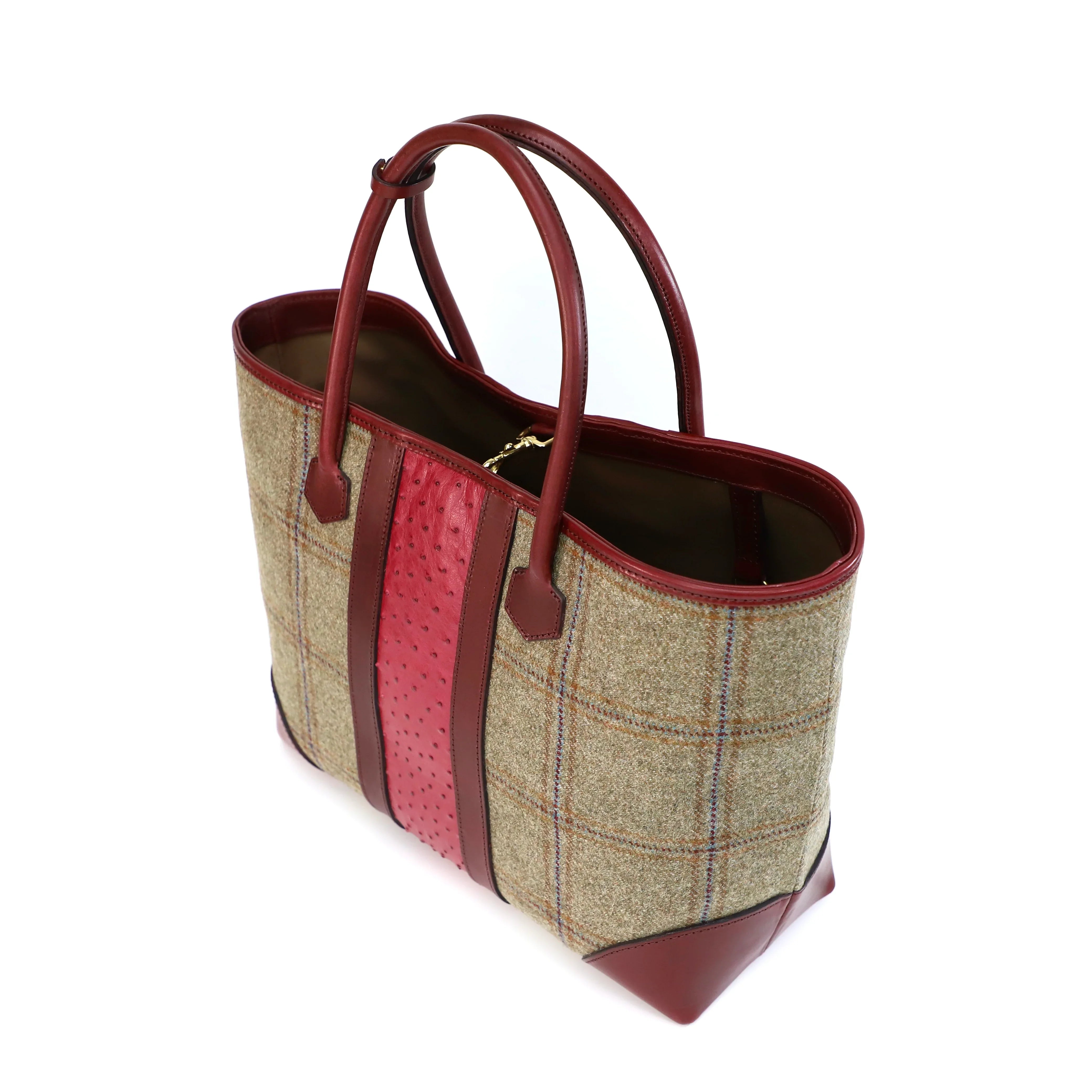 Olive tweed handbag with burgundy Ostrich accent and brown interior and accents on a white background