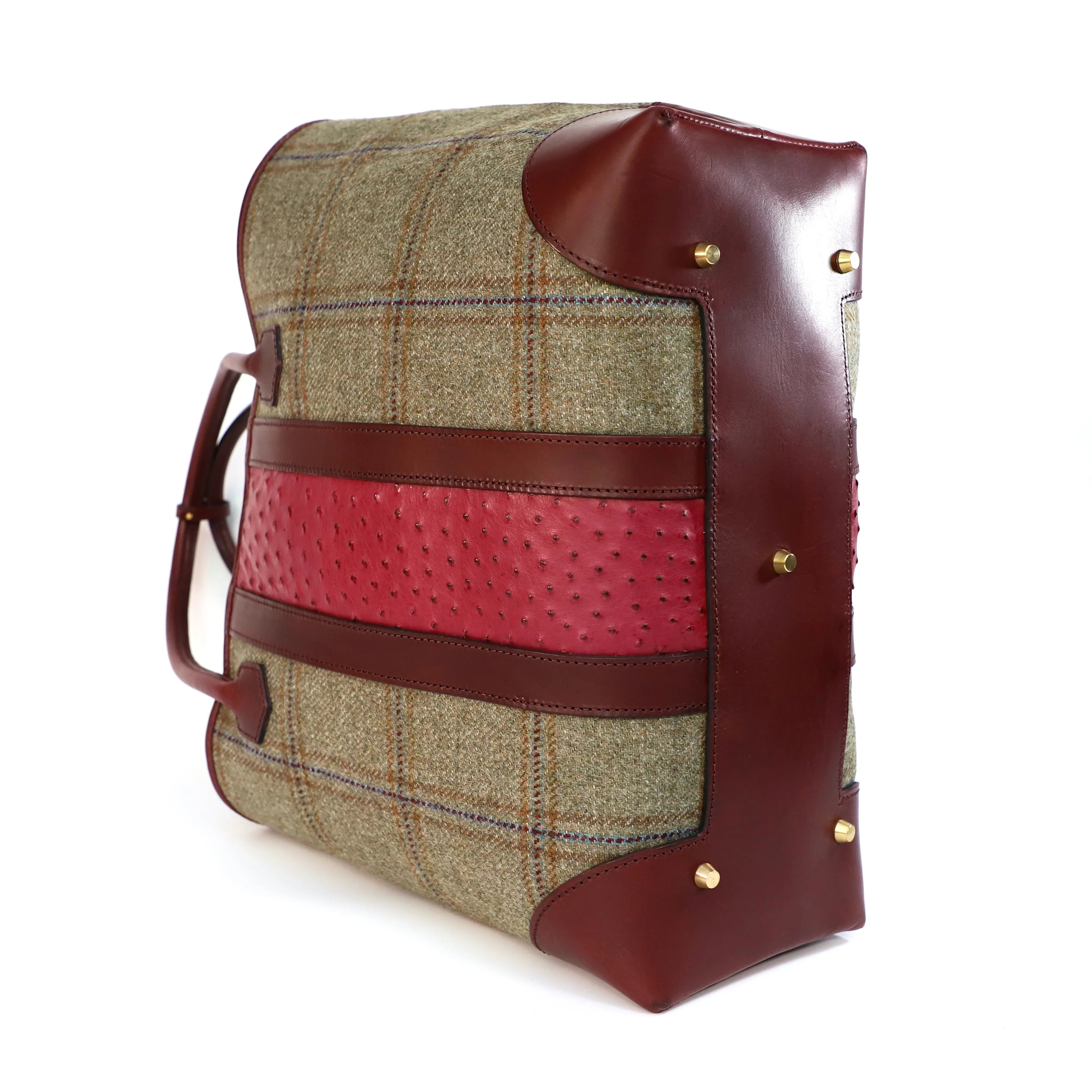 Tote bag with olive green tweed pattern and burgundy leather and Ostrich accents on a white background