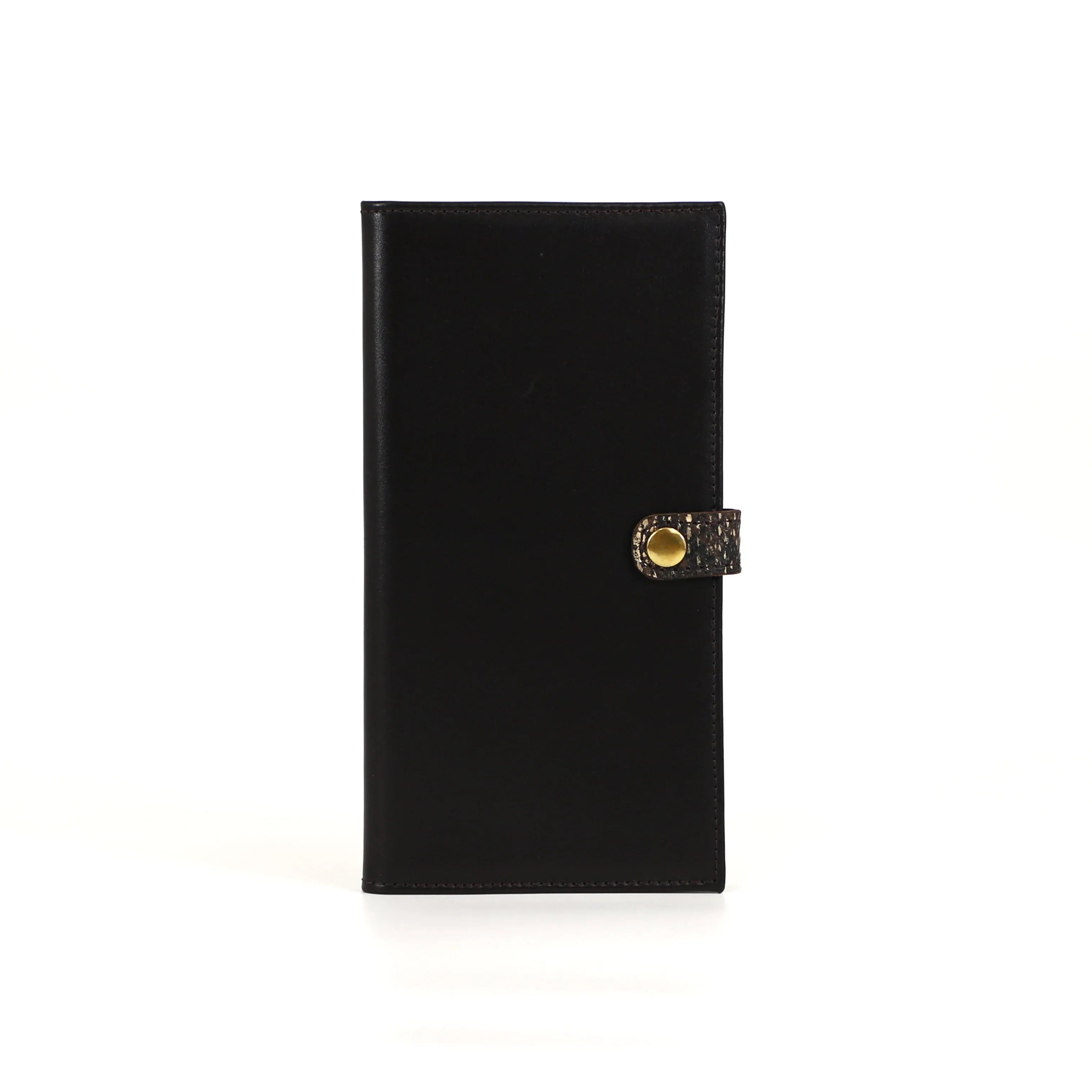 Black leather wallet with a gold clasp on a white background