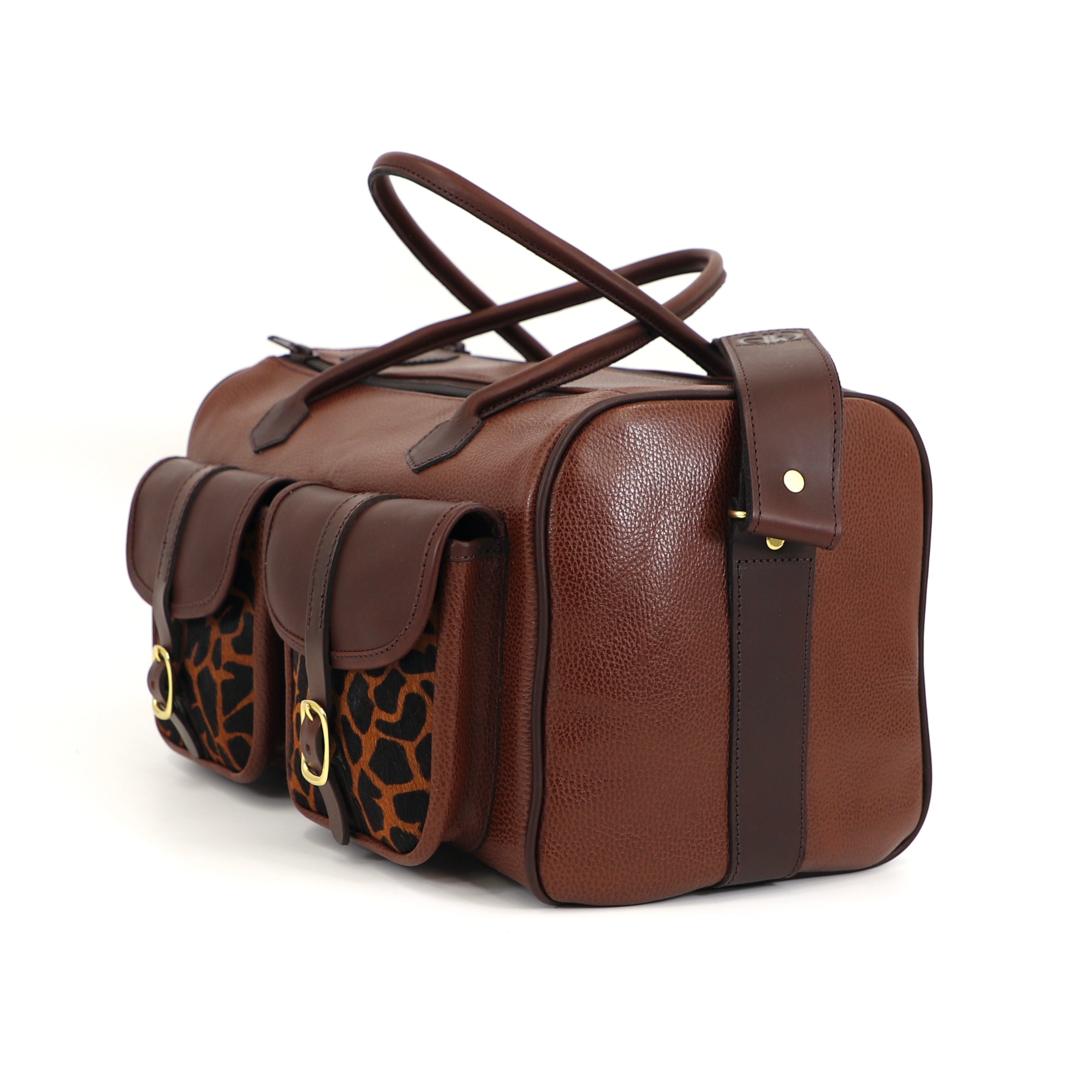 caramel brown leather range back with cheetah style front pockets side view
