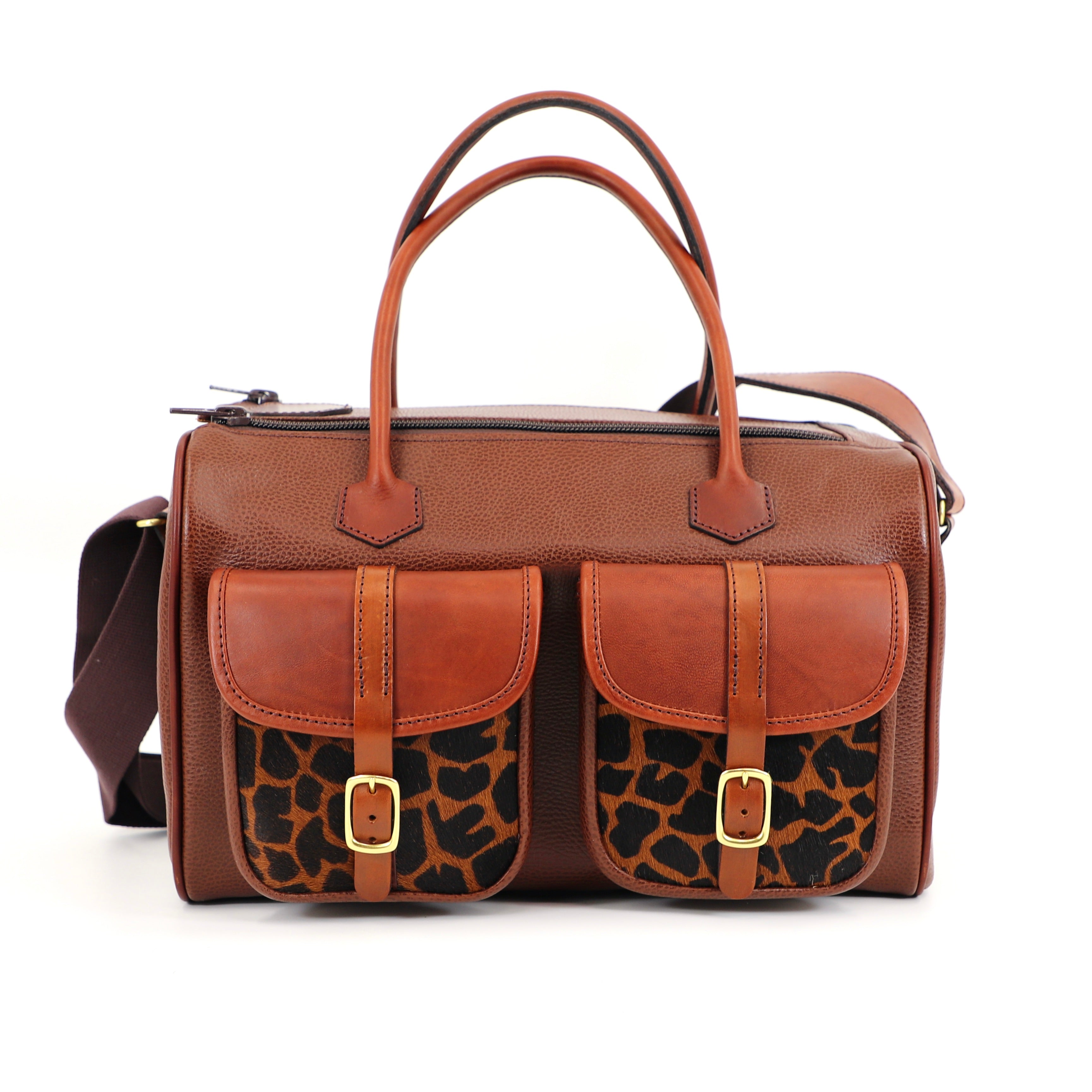 caramel brown leather range back with cheetah style front pockets front view