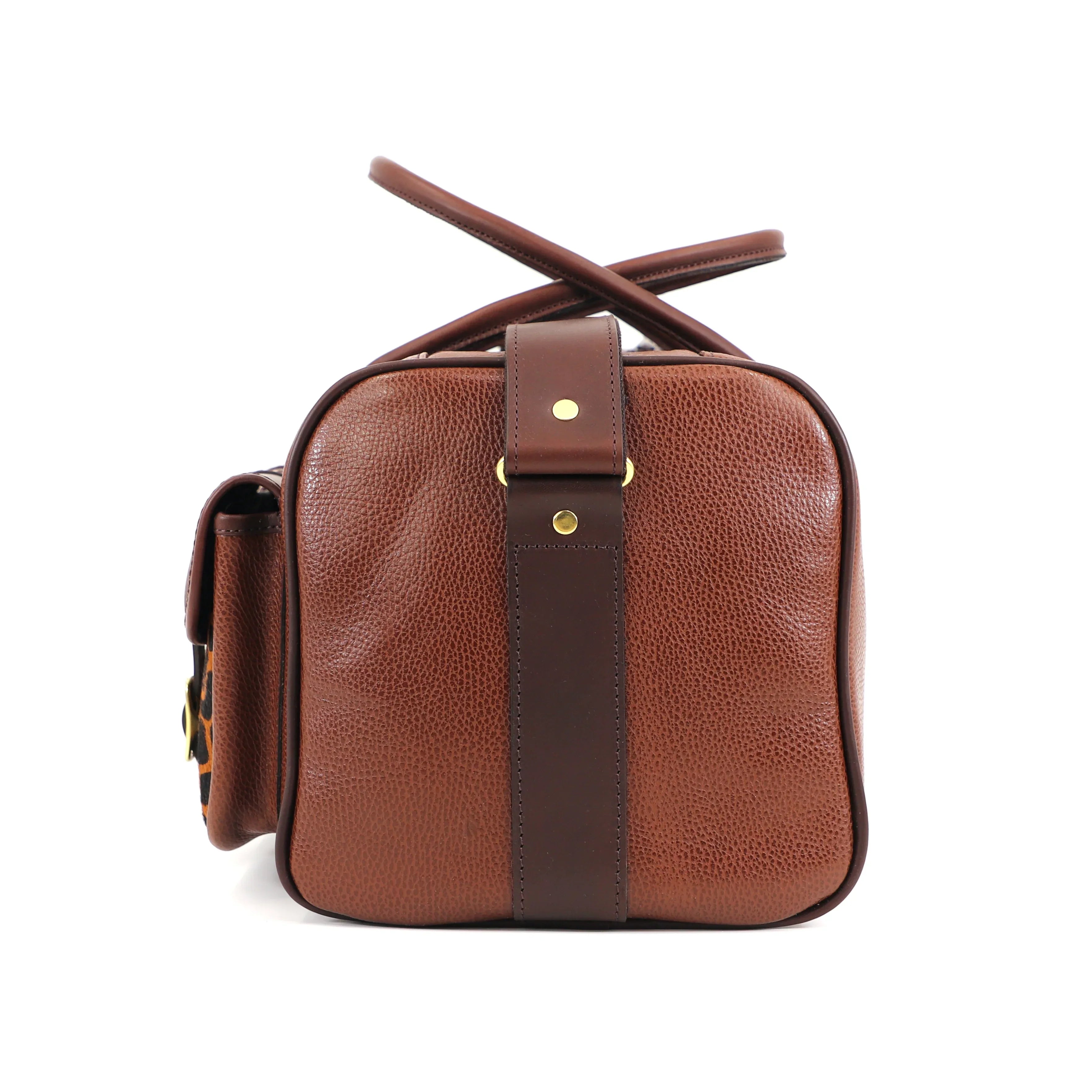 caramel brown leather range back with cheetah style front pockets end view