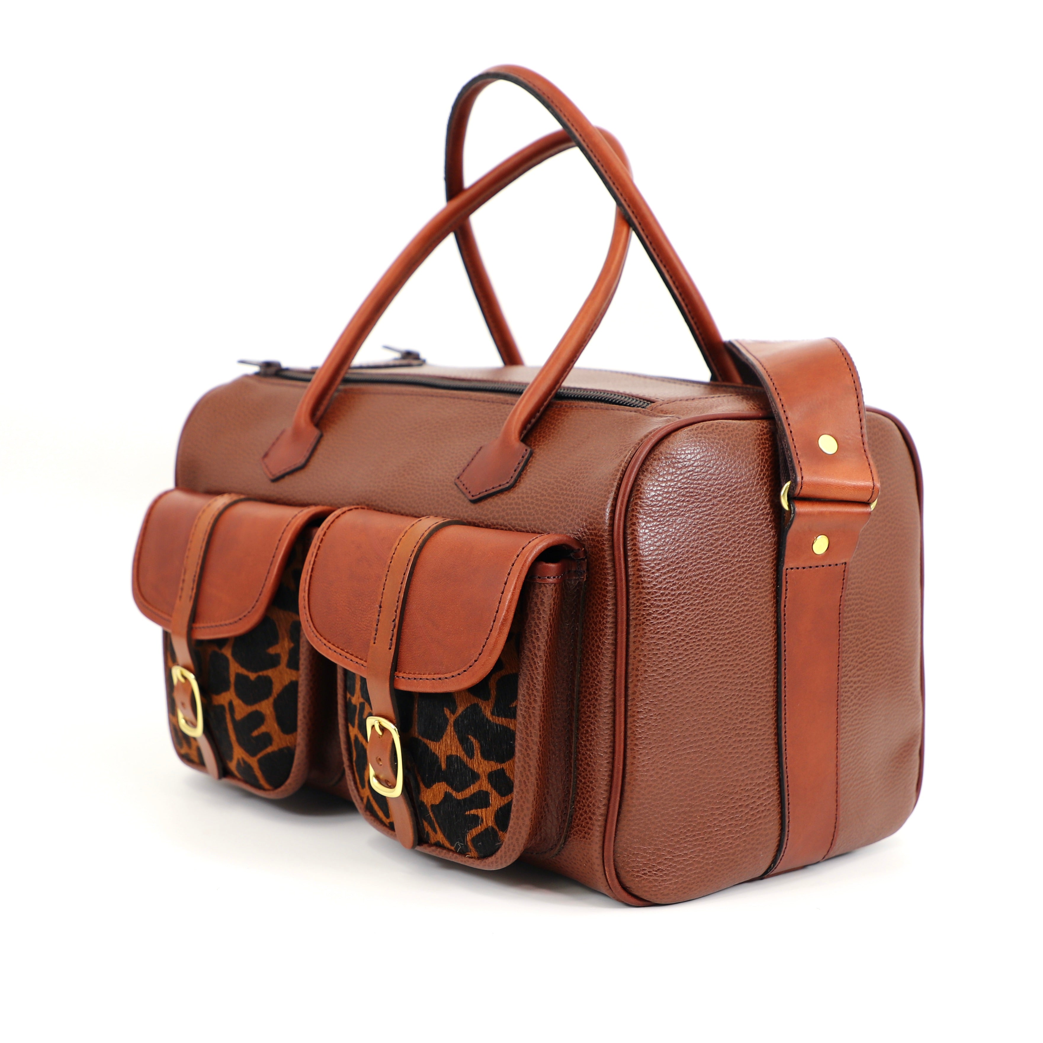 caramel brown leather range back with cheetah style front pockets side end view