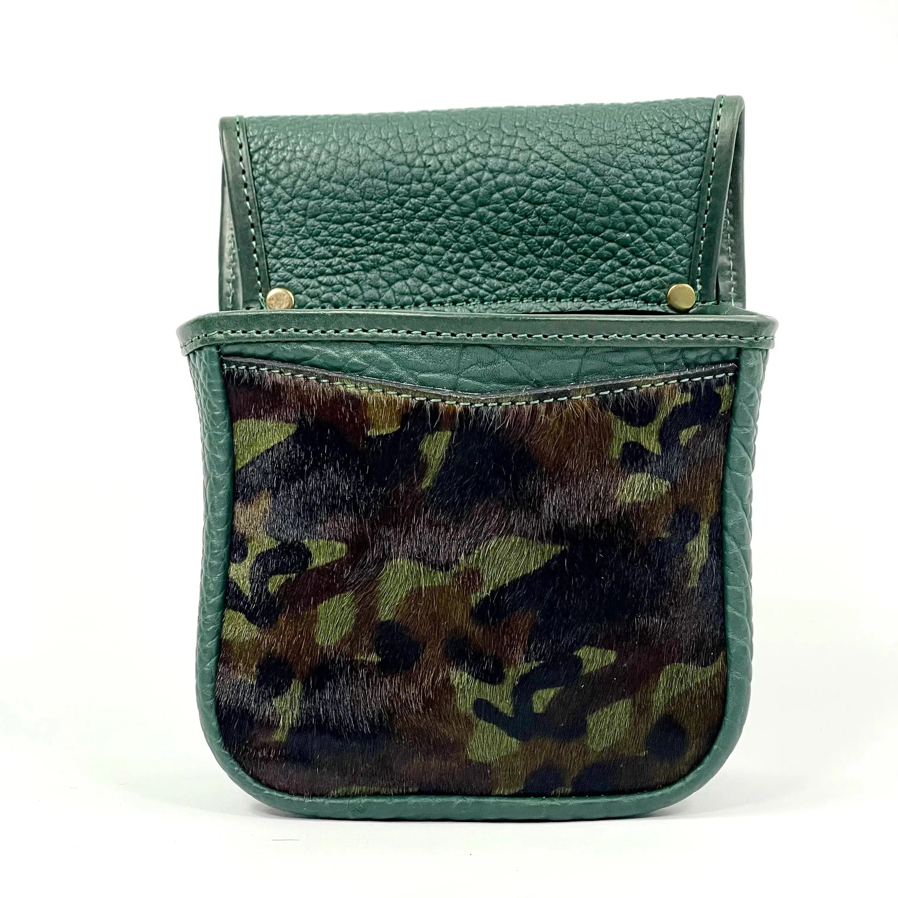 Green leather pouch with camouflage interior on a white background