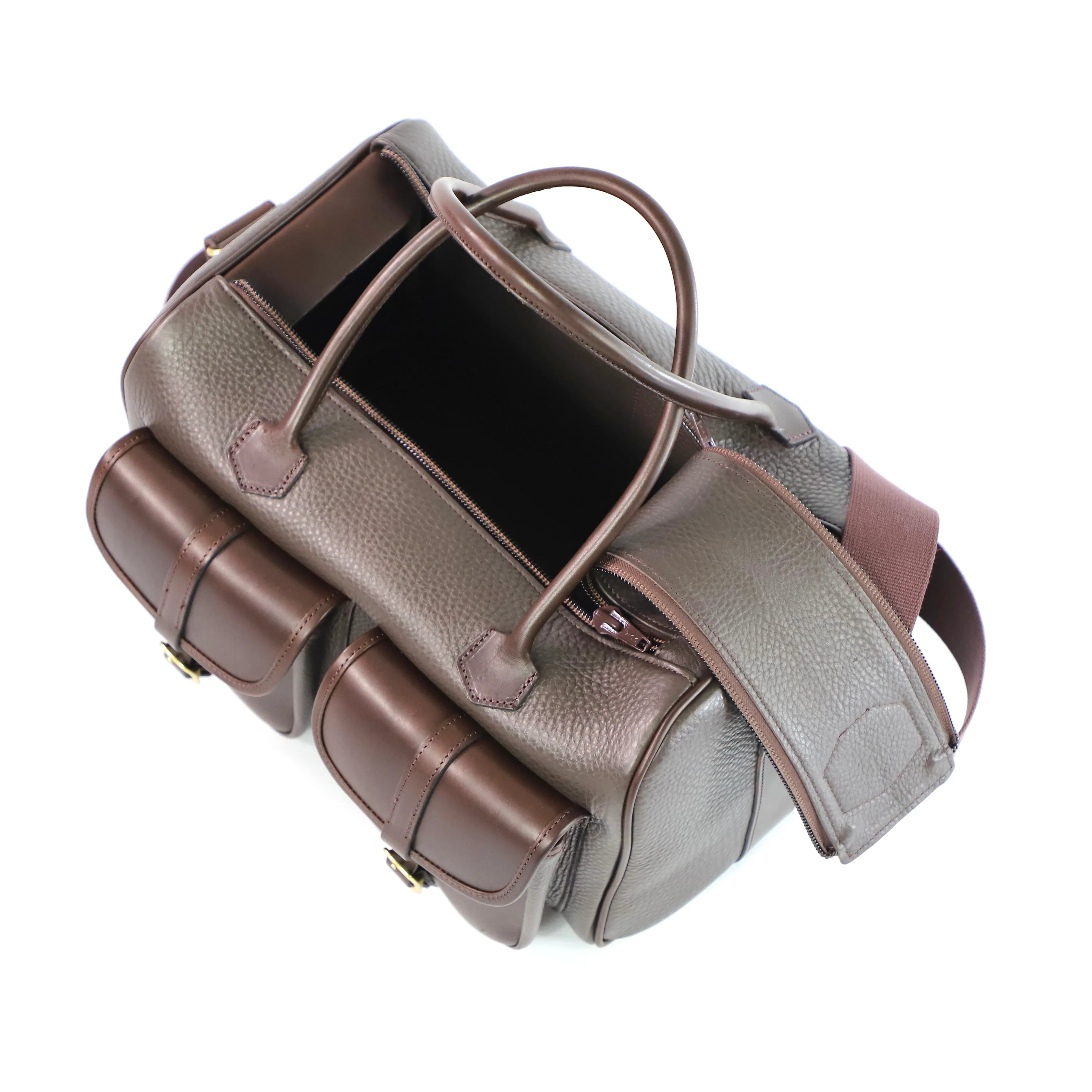 British Made Erin-Madison Brown - Leather Range Bag top view unzipped and open leather range bag