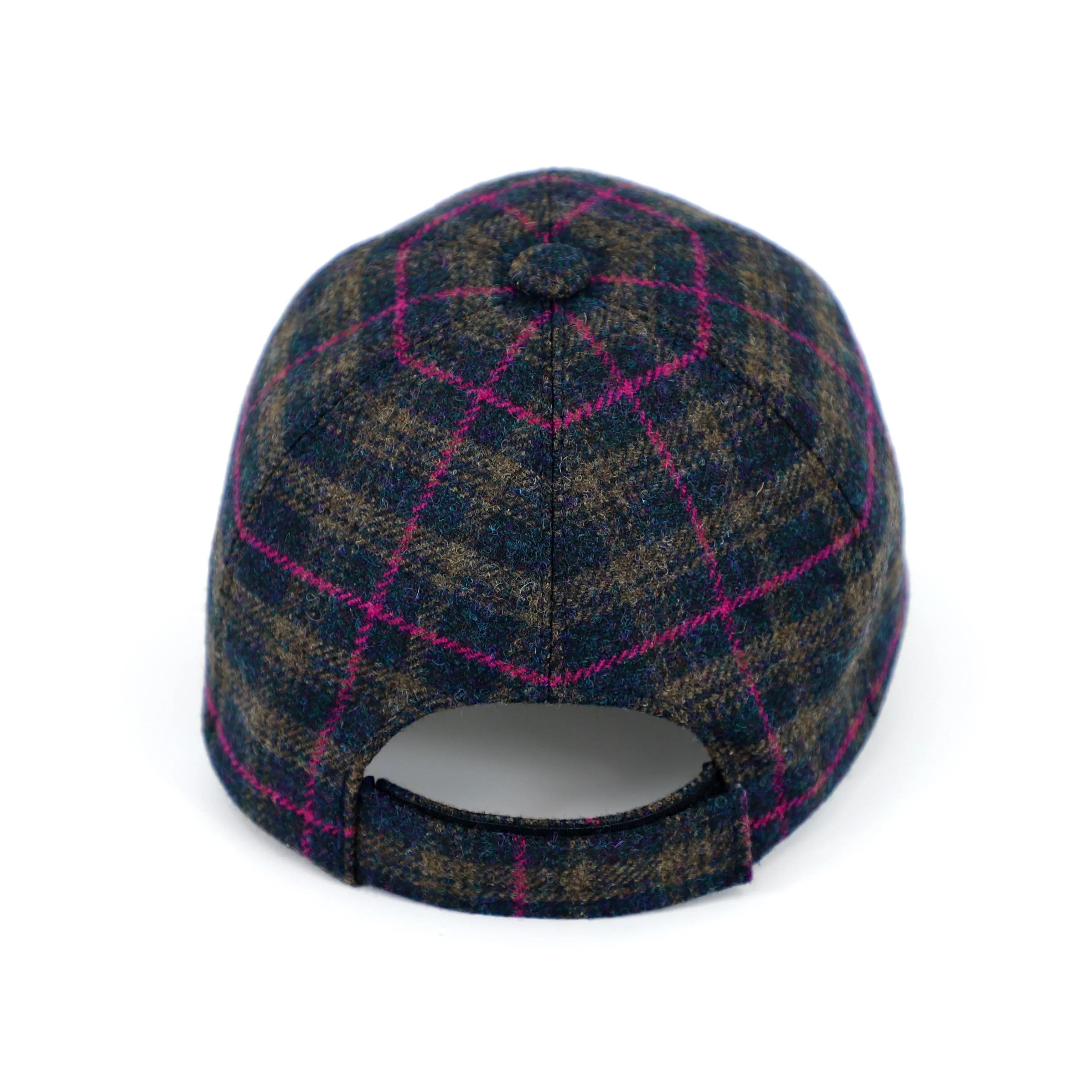 pink and blue British tweed baseball cap rear view