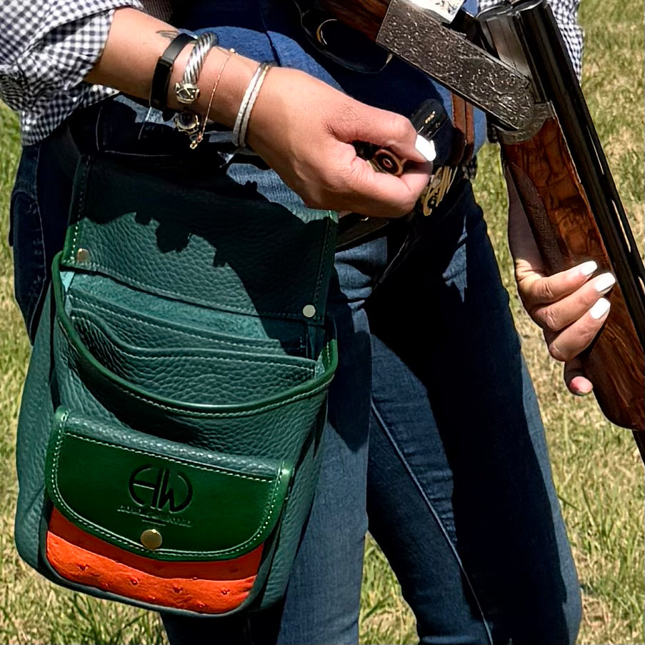 HELLA LEATHER CARTRIDGE POUCH TEAL RACING GREEN AND ORANGE OSTRICH