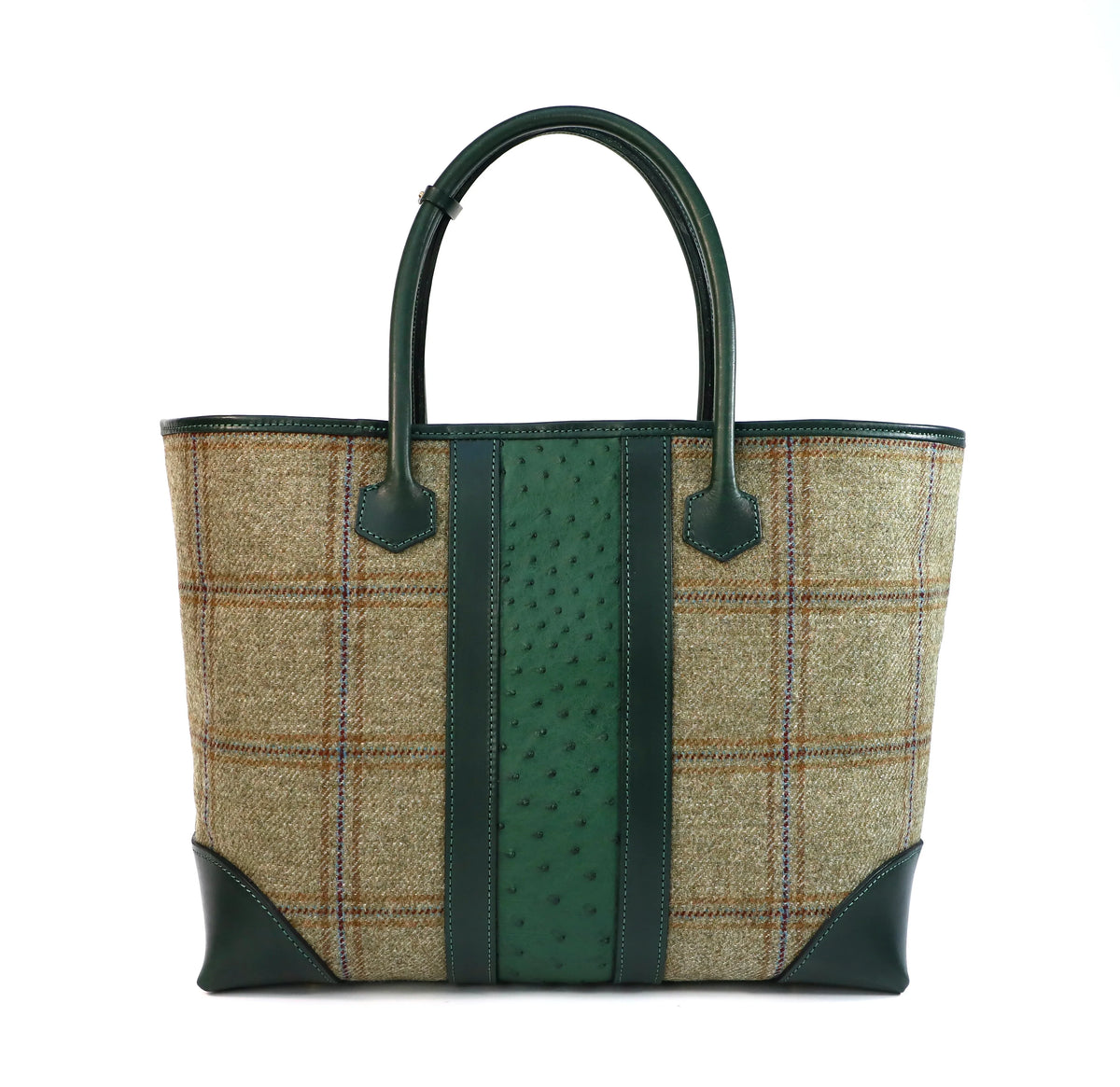 Handbag with Olive green plaid pattern and green Ostrich accents on a white background