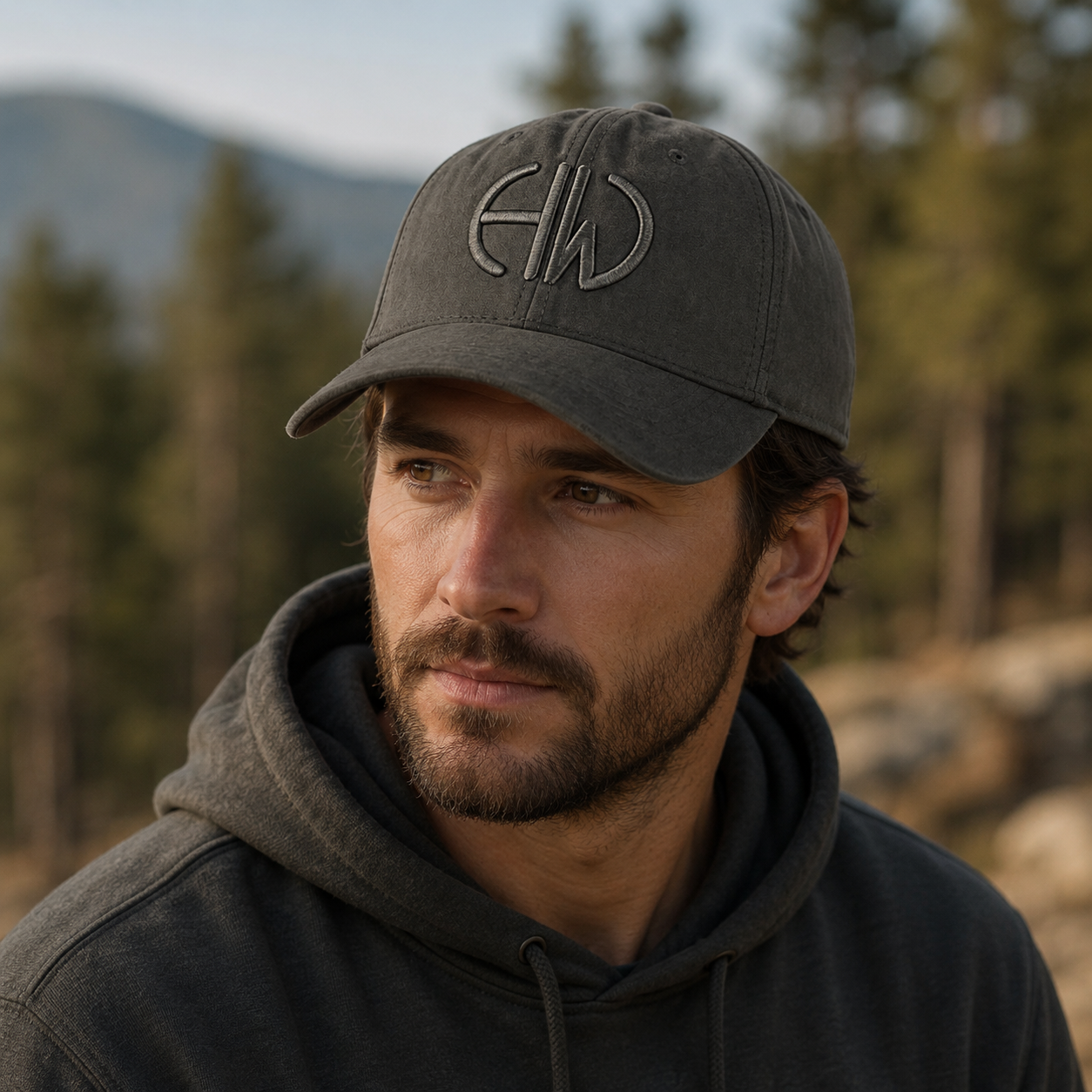 A man wearing a charcoal grey Howes and Wayko baseball cap with a forestry background