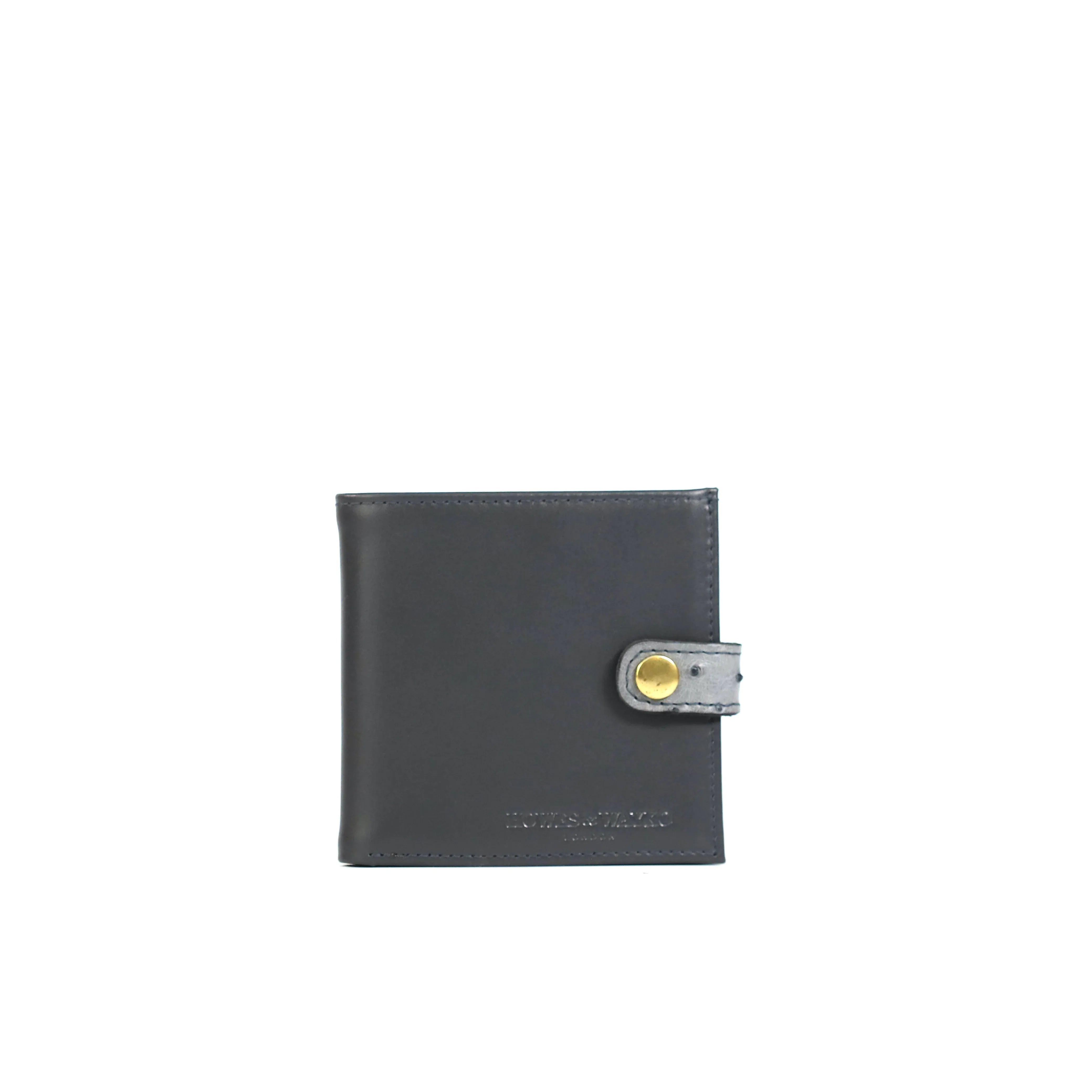 Grey leather single certificate wallet with a Ostrich leather clasp and bronze fastening on a white background