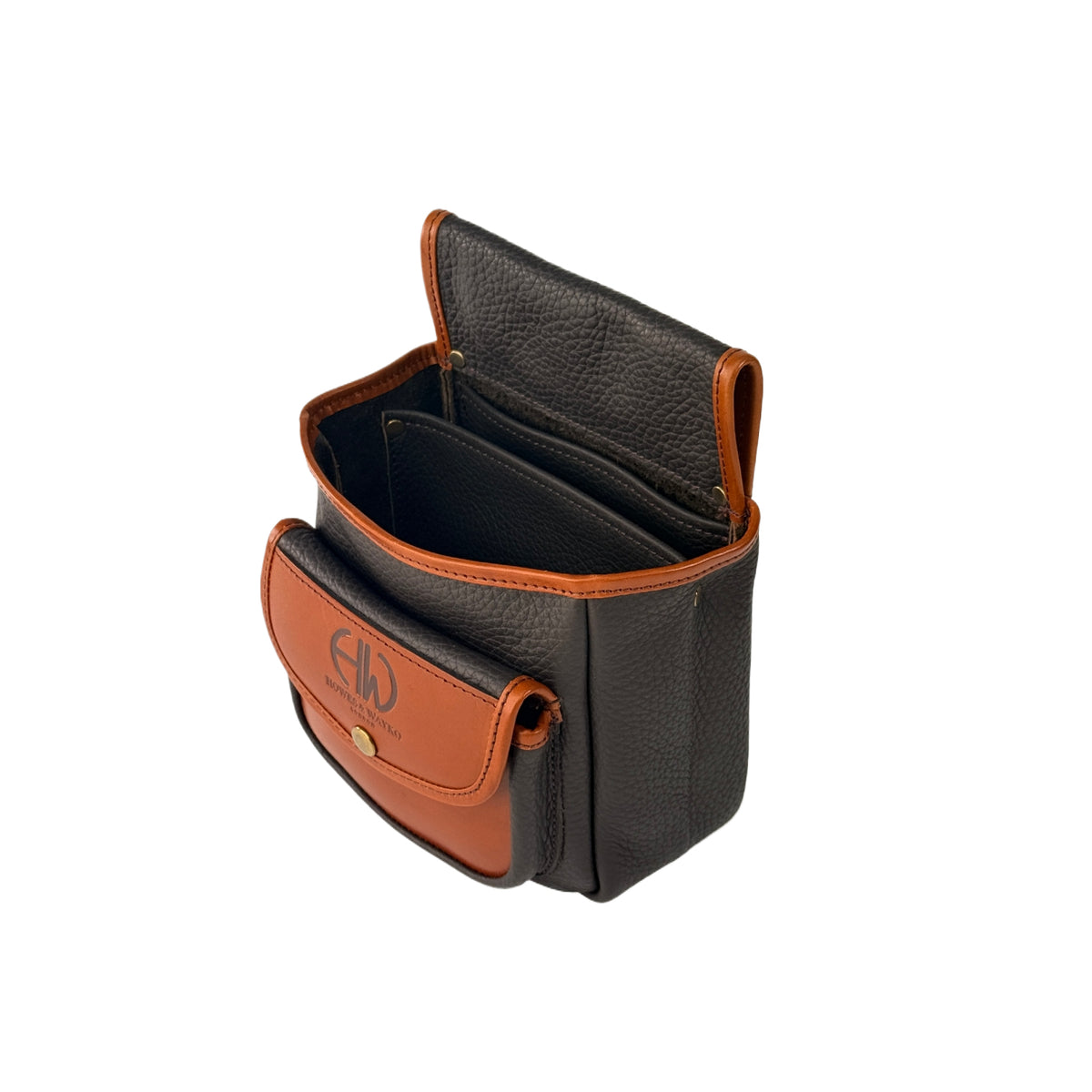 Black and brown leather pouch with a visible brand logo on a white background
