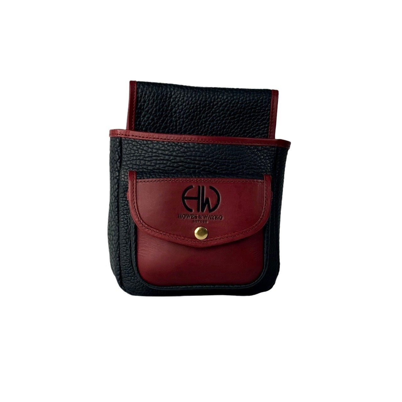 Black and burgundy leather pouch with a Howes and Wayko logo on a white background