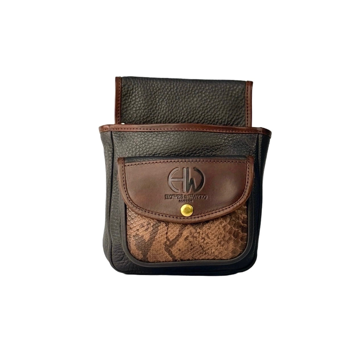Brown leather pouch with snake skin pattern on a white background