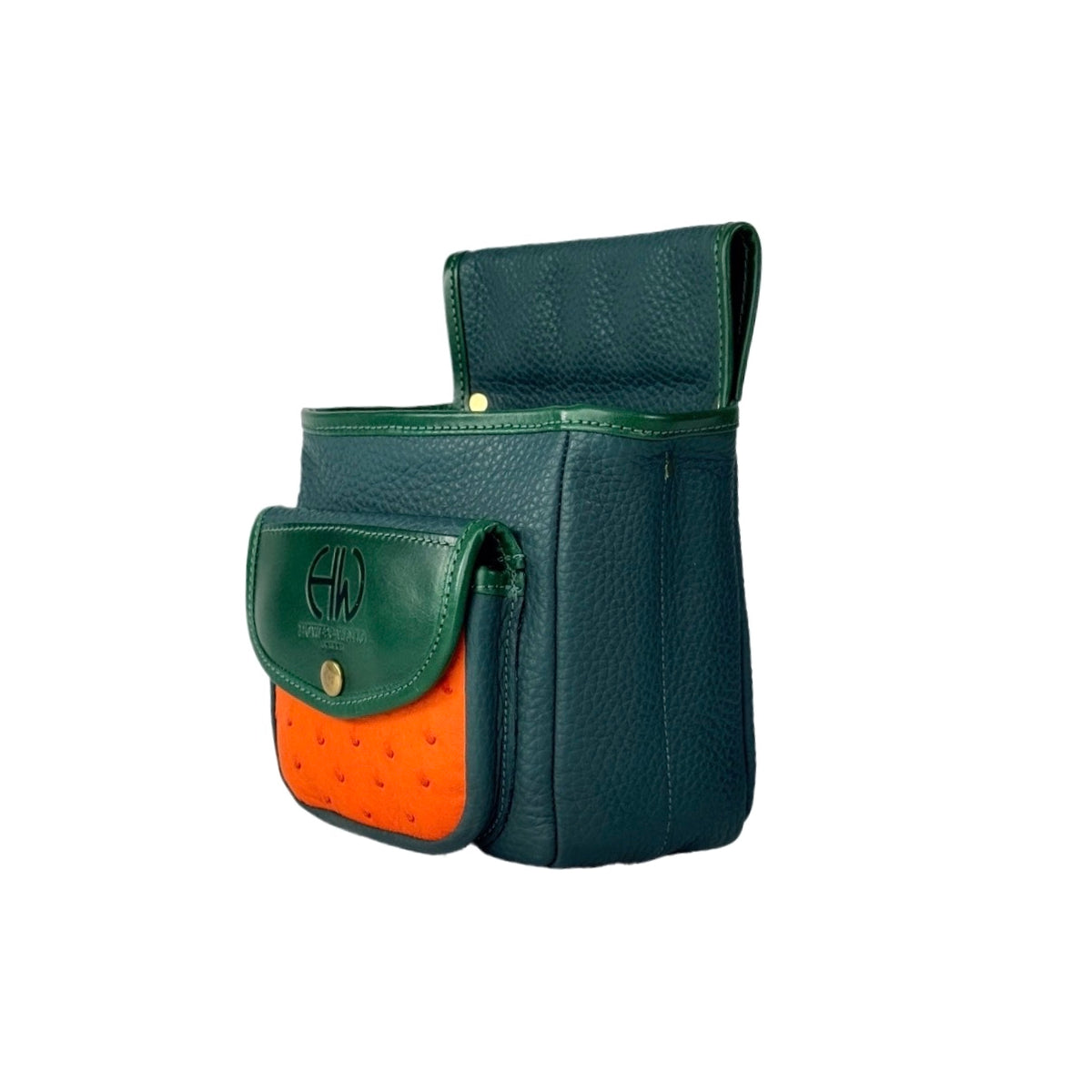 side profile of a Green and orange leather pouch with a Howes and Wayko brand logo on a white background