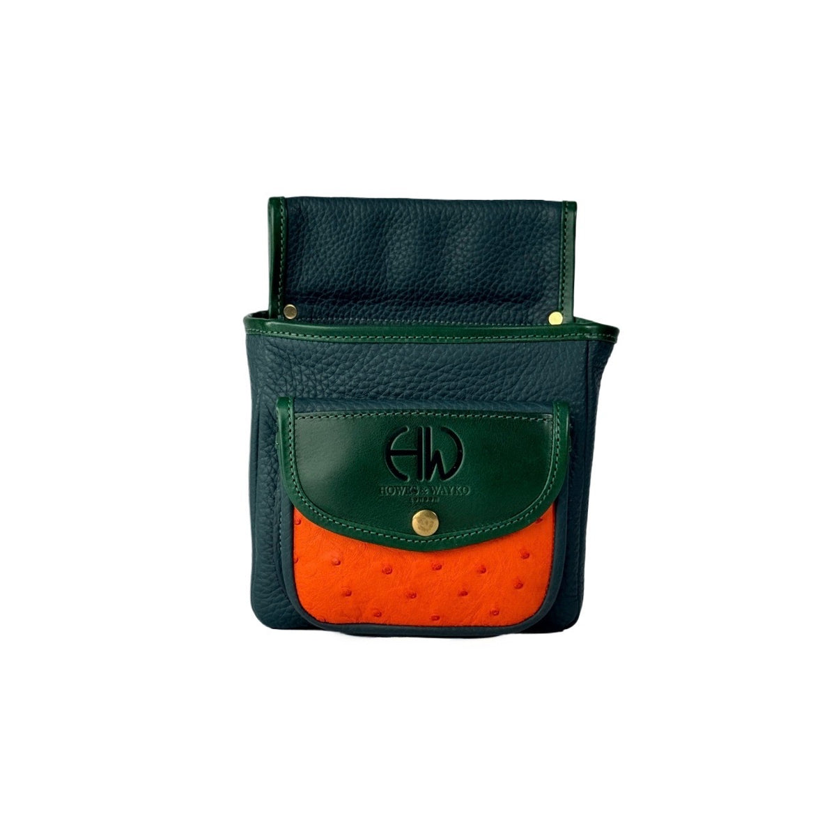 Green and orange leather pouch with a Howes and Wayko brand logo on a white background