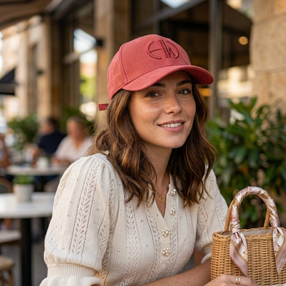 Woman wearing a pink cap with a Howes and Wayko logo, sitting outdoors at a cafe.