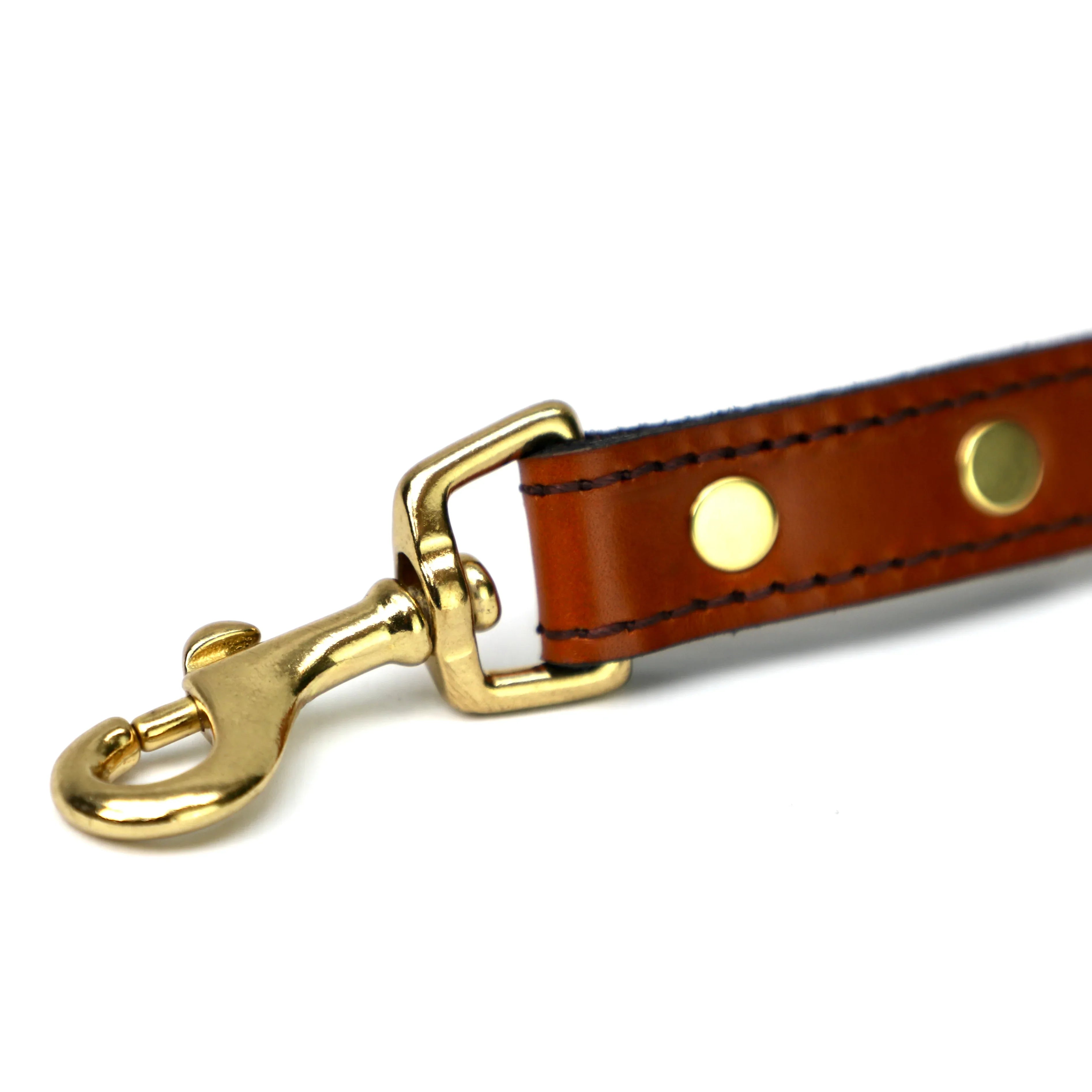 close up of brass lock on capri tan leather dog lead