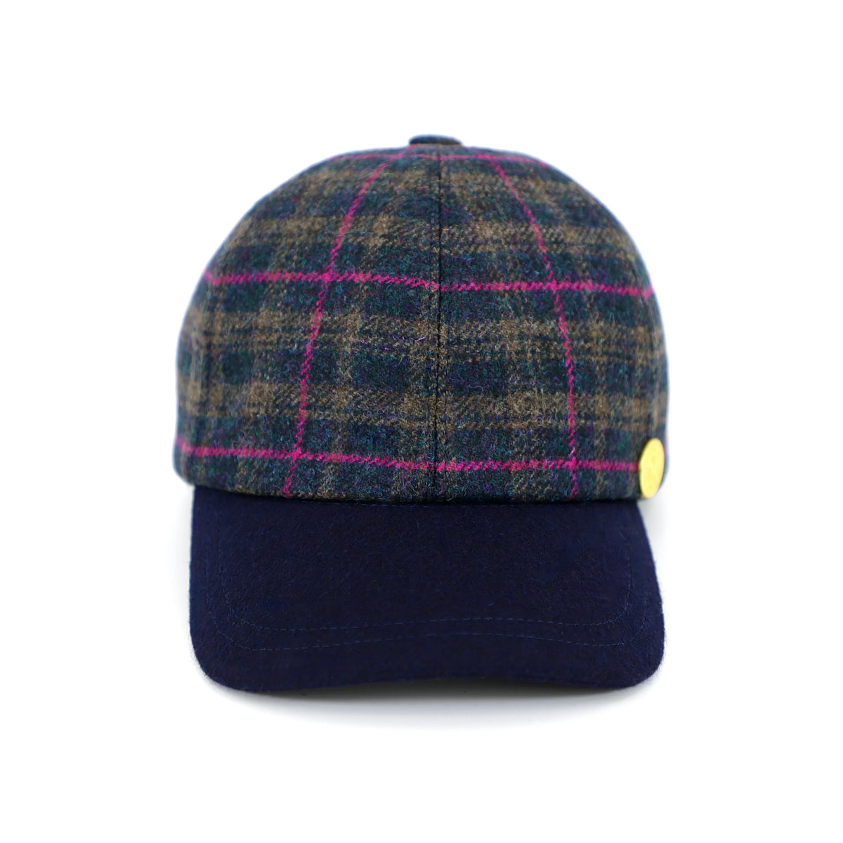 front view of baseball cap wool material pink and blue