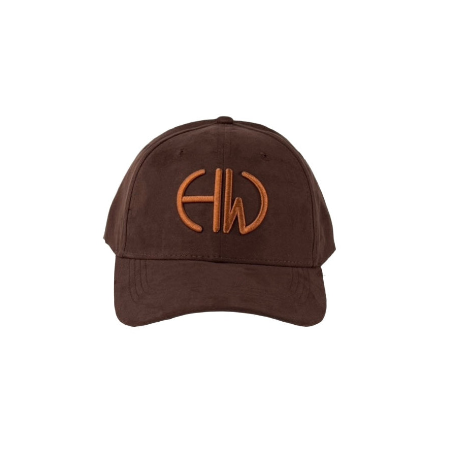 Chocolate brown baseball cap with a cognac logo on a white background