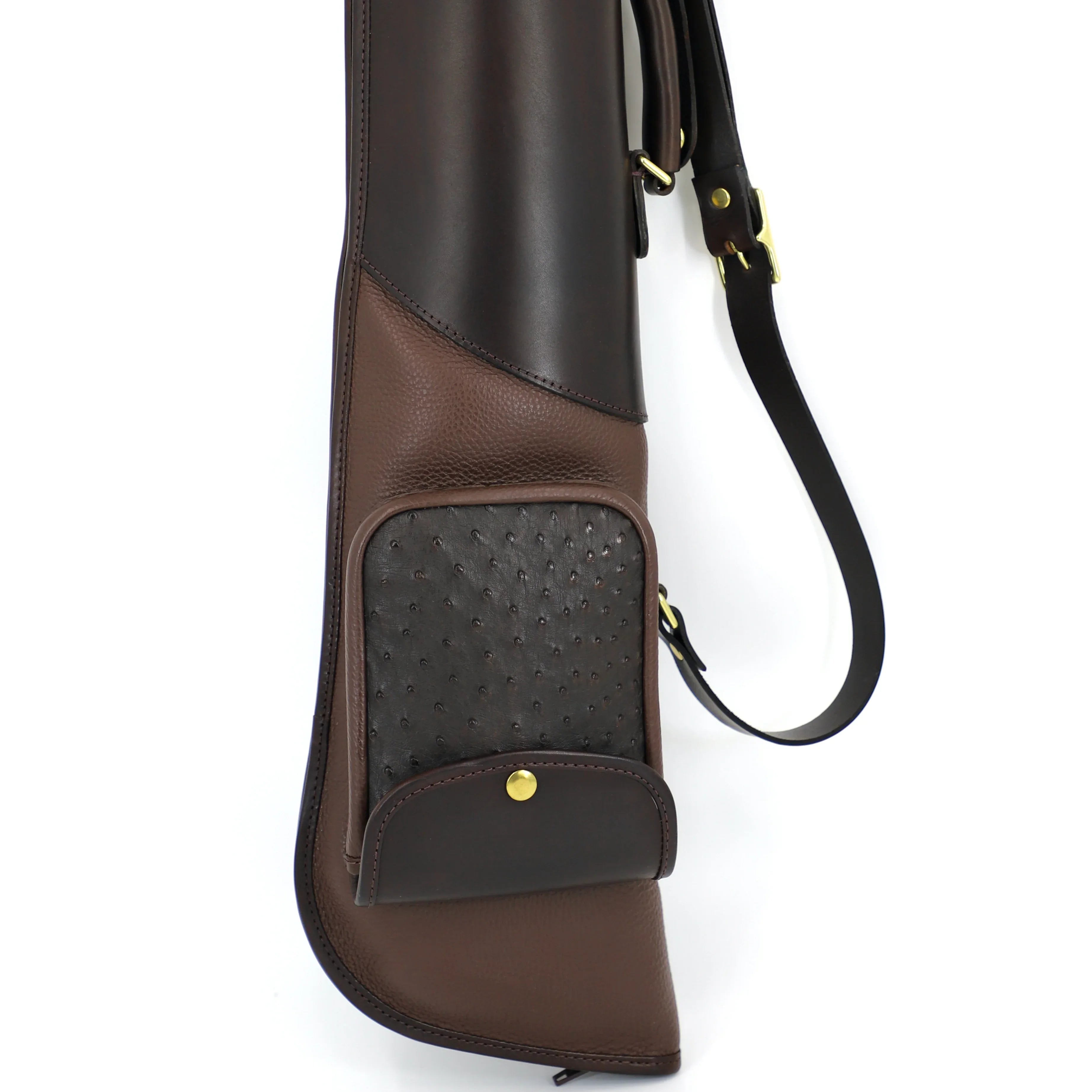 chocolate coloured gunslip and darker ostrich pouch