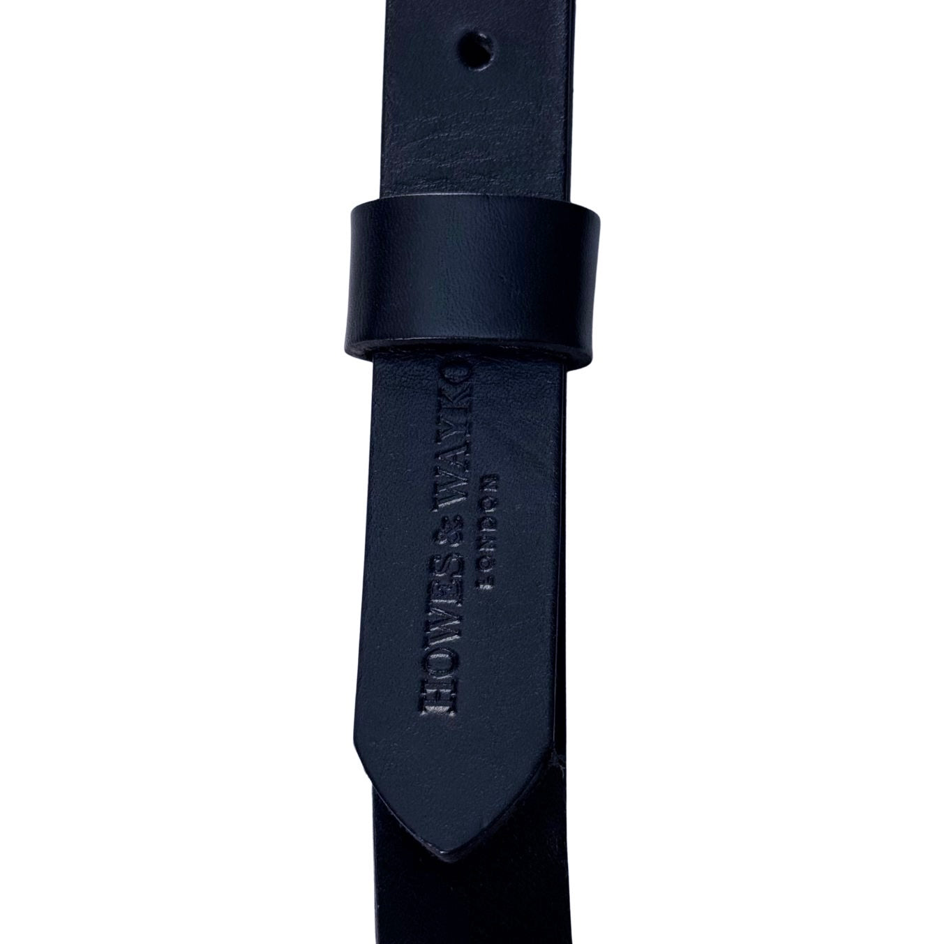 navy leather slip handle with howes and wayko embossed in the leather on a white background