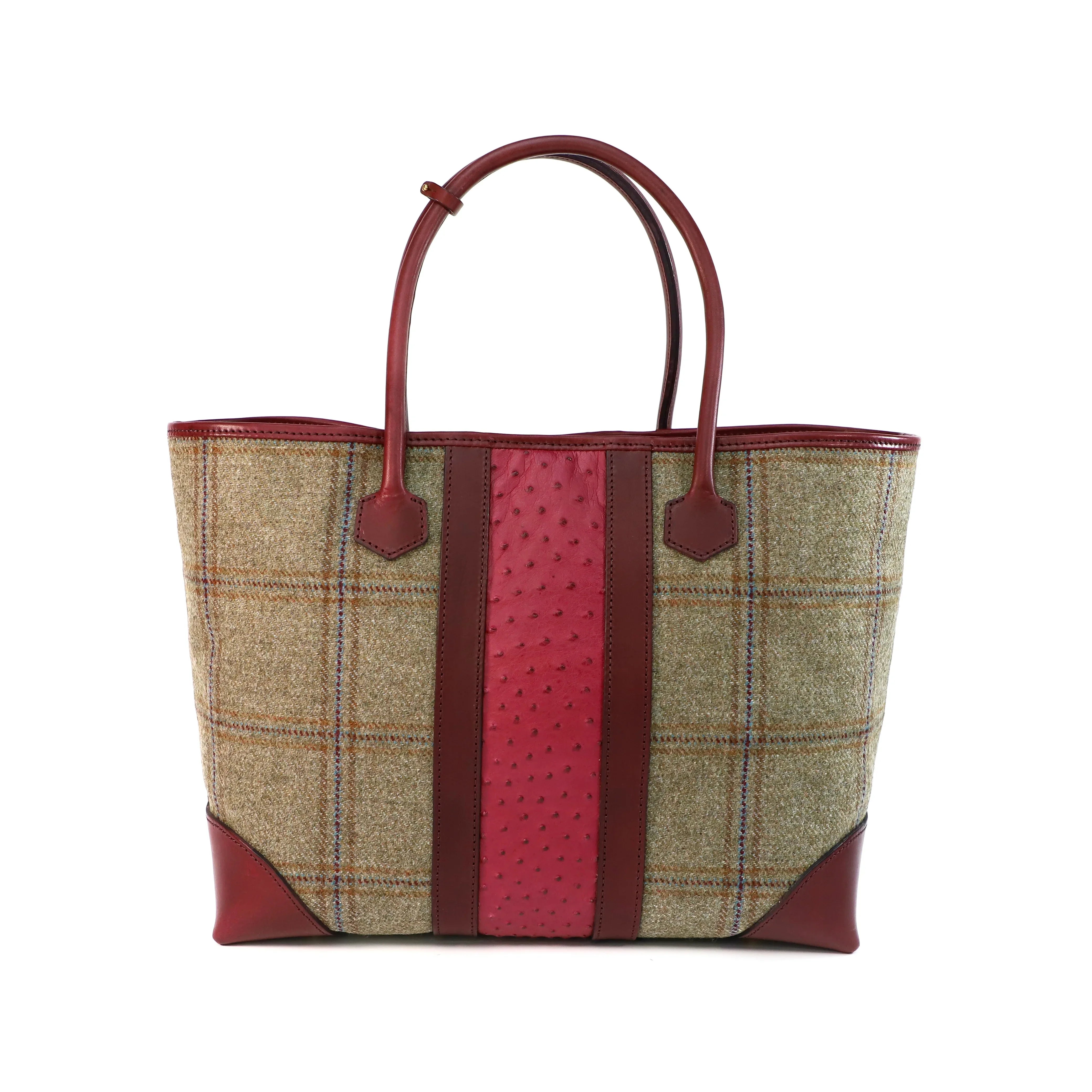 Tote bag with green Tweed and burgundy Ostrich accents on a white background