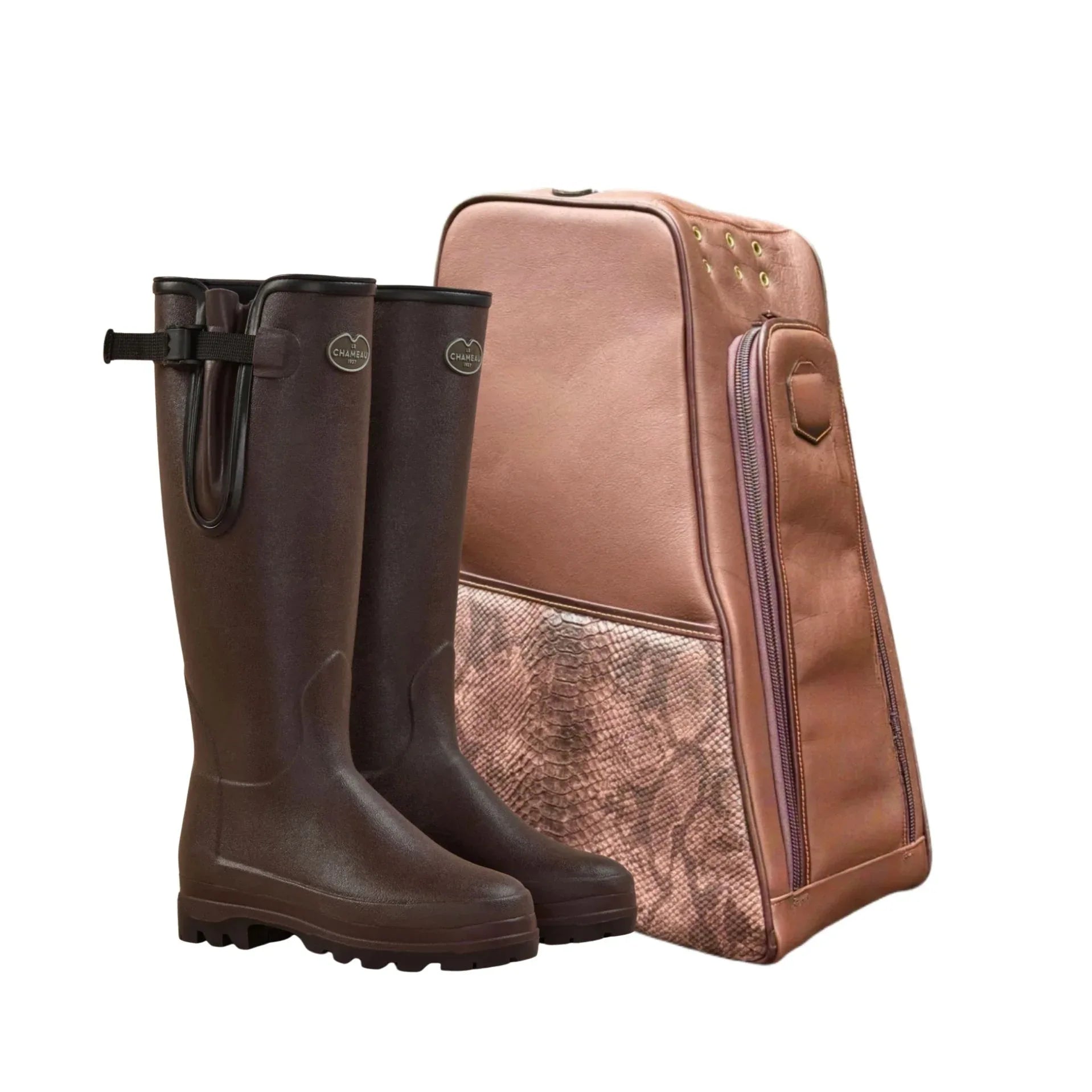 Mid Brown leather boot bag with snake effect pocket and brown wellington boots on a white background