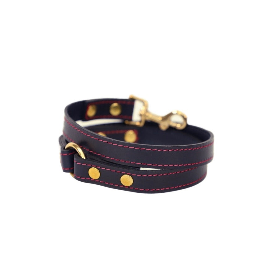 Navy blue Capri veg tanned leather dog lead with red contrast stitching and solid brass clip, handcrafted premium leather dog leash Navy