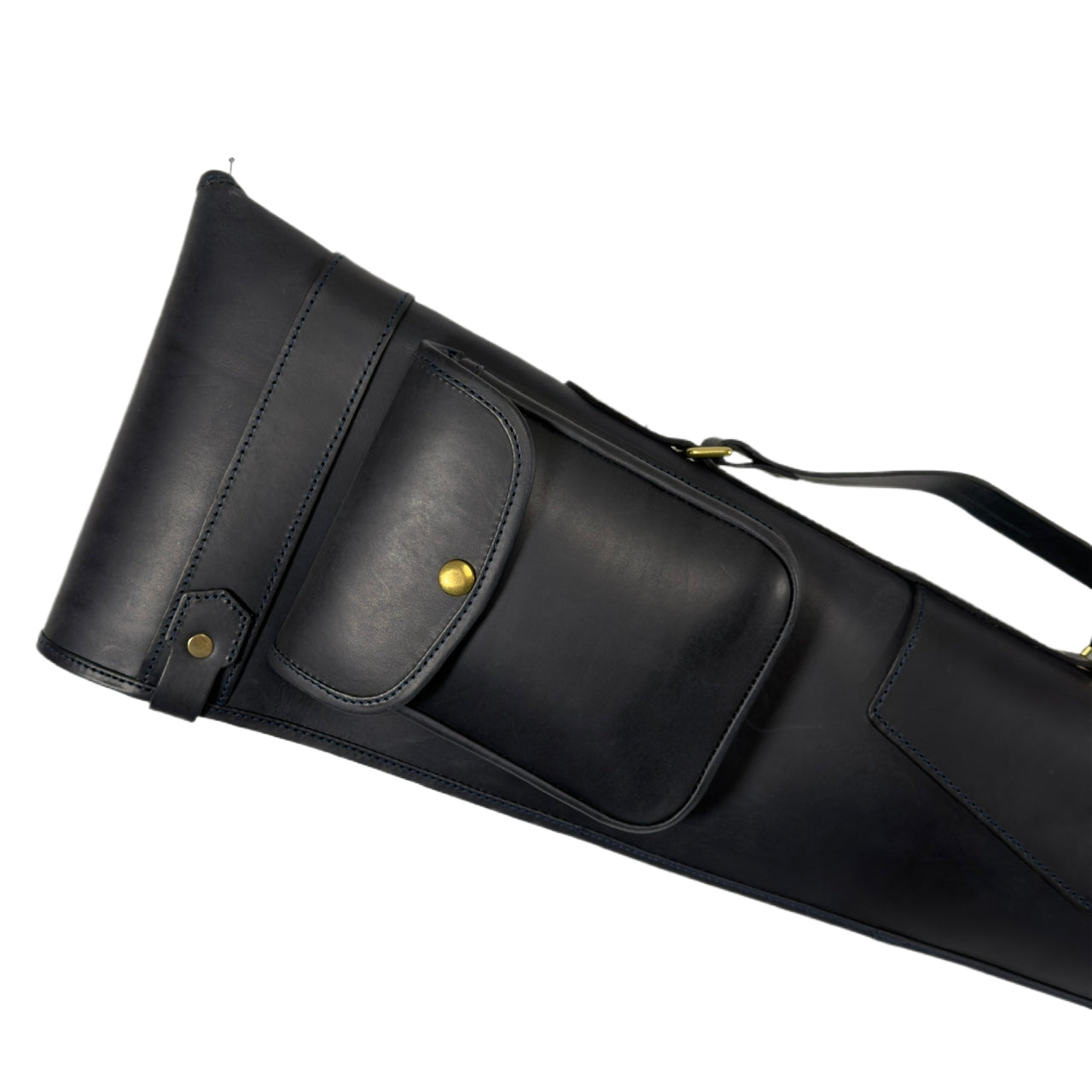 Navy Blue leather case with a shoulder strap and brass buckles on a white background