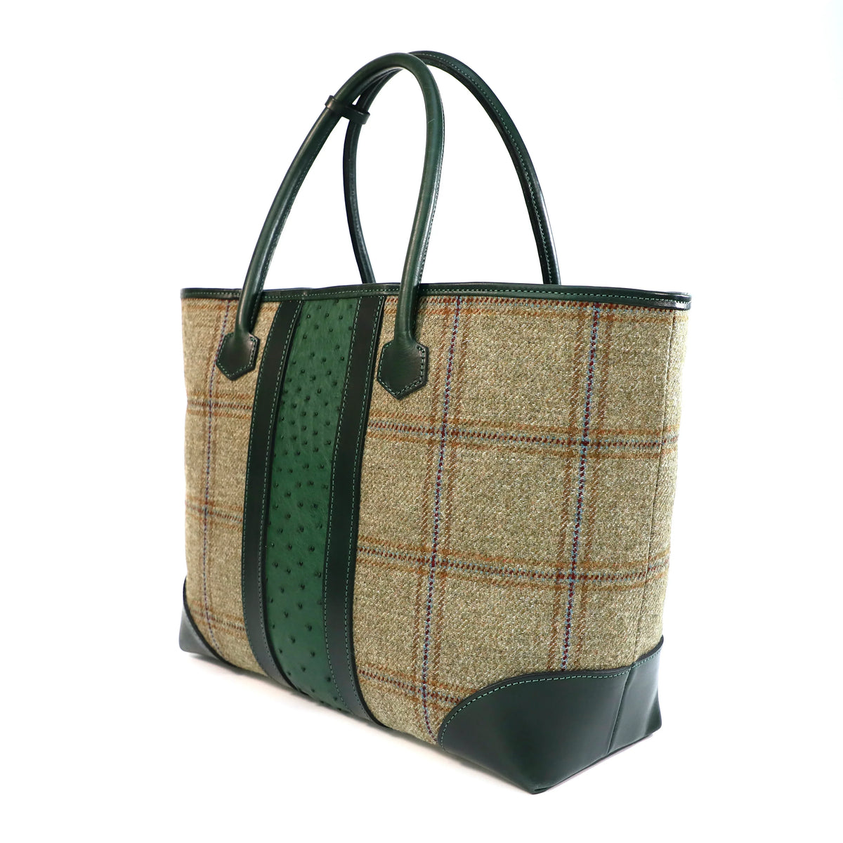 Handbag with olive plaid pattern, finished with green Ostrip strip and green accents on a white background