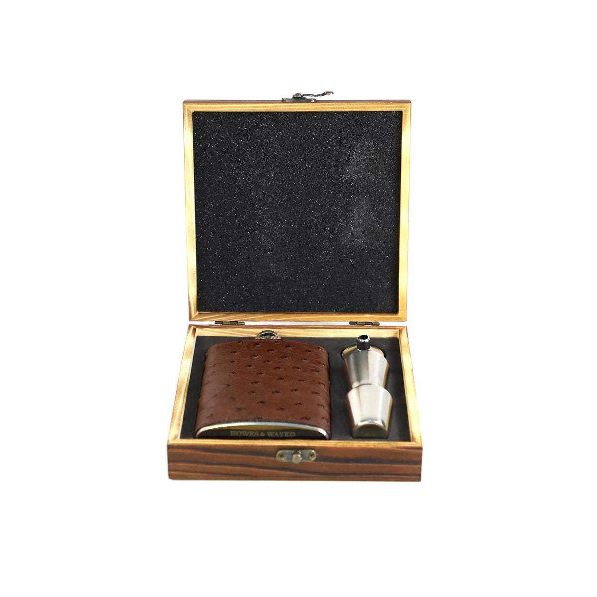 Brown luxury leather and silver flask in a wooden gift box on a white background