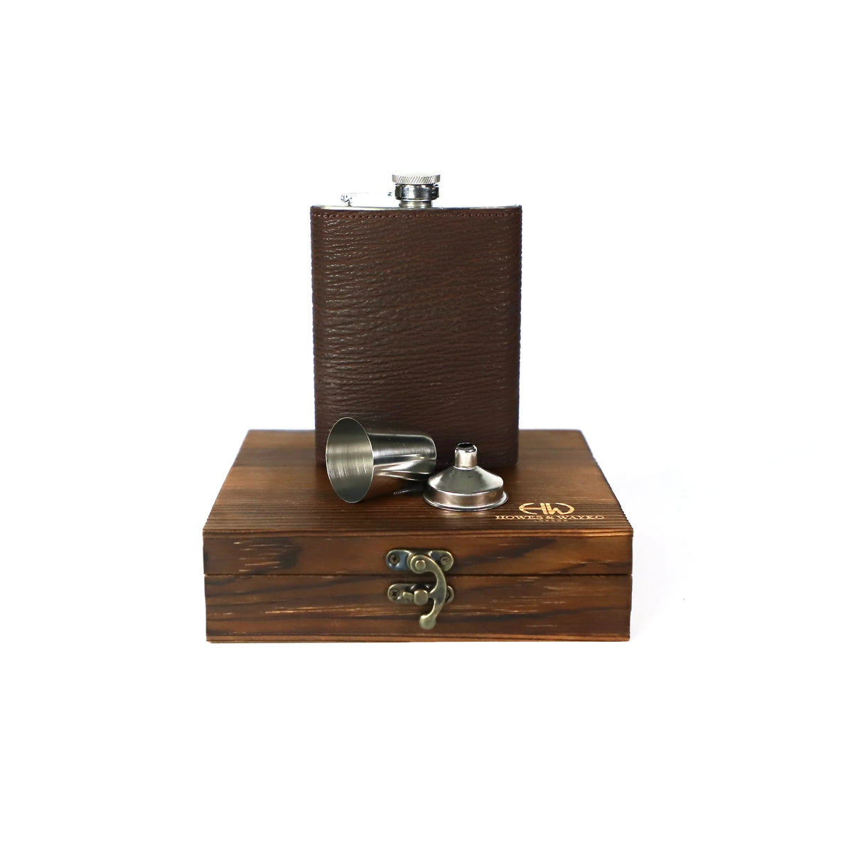 Brown pigskin leather-covered flask with a stainless steel funnel displayed on a wooden stand with Howes and Wayko branding.