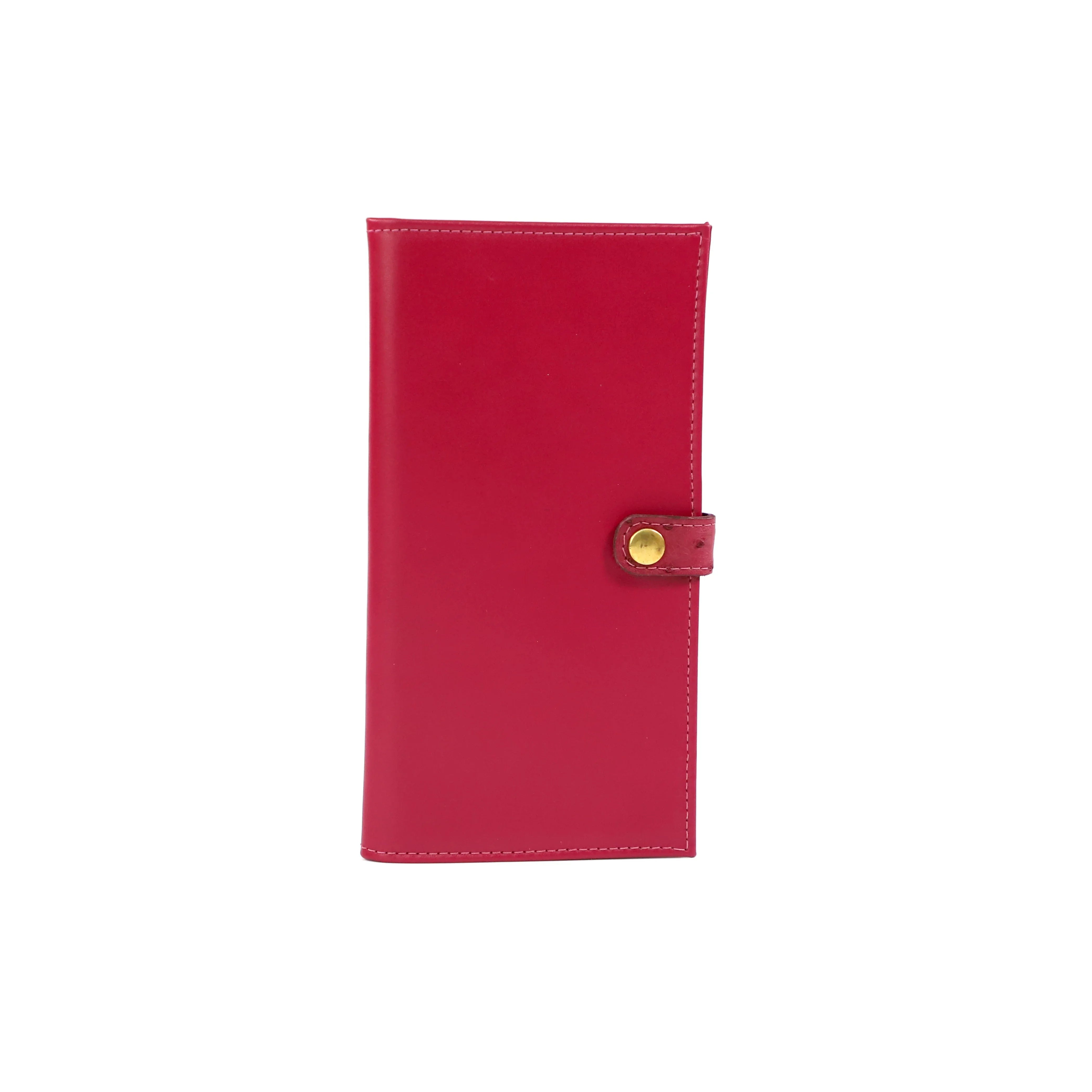 Pink leather certificate wallet with an Ostrich clasp and gold snap buckle on a white background