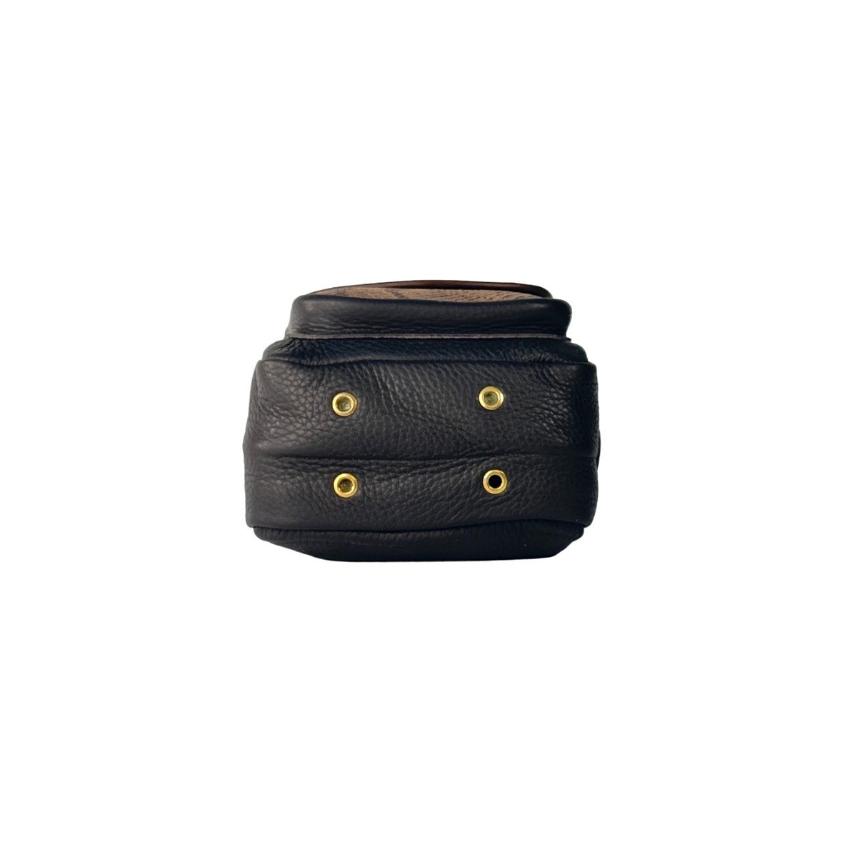 Black pouch with gold buttons on a white background