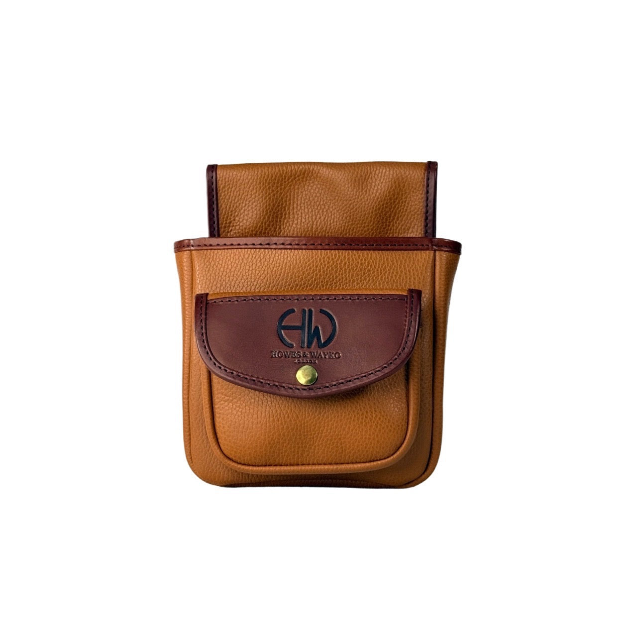 Tan leather pouch with a Howes and Wayko brand logo on a white background