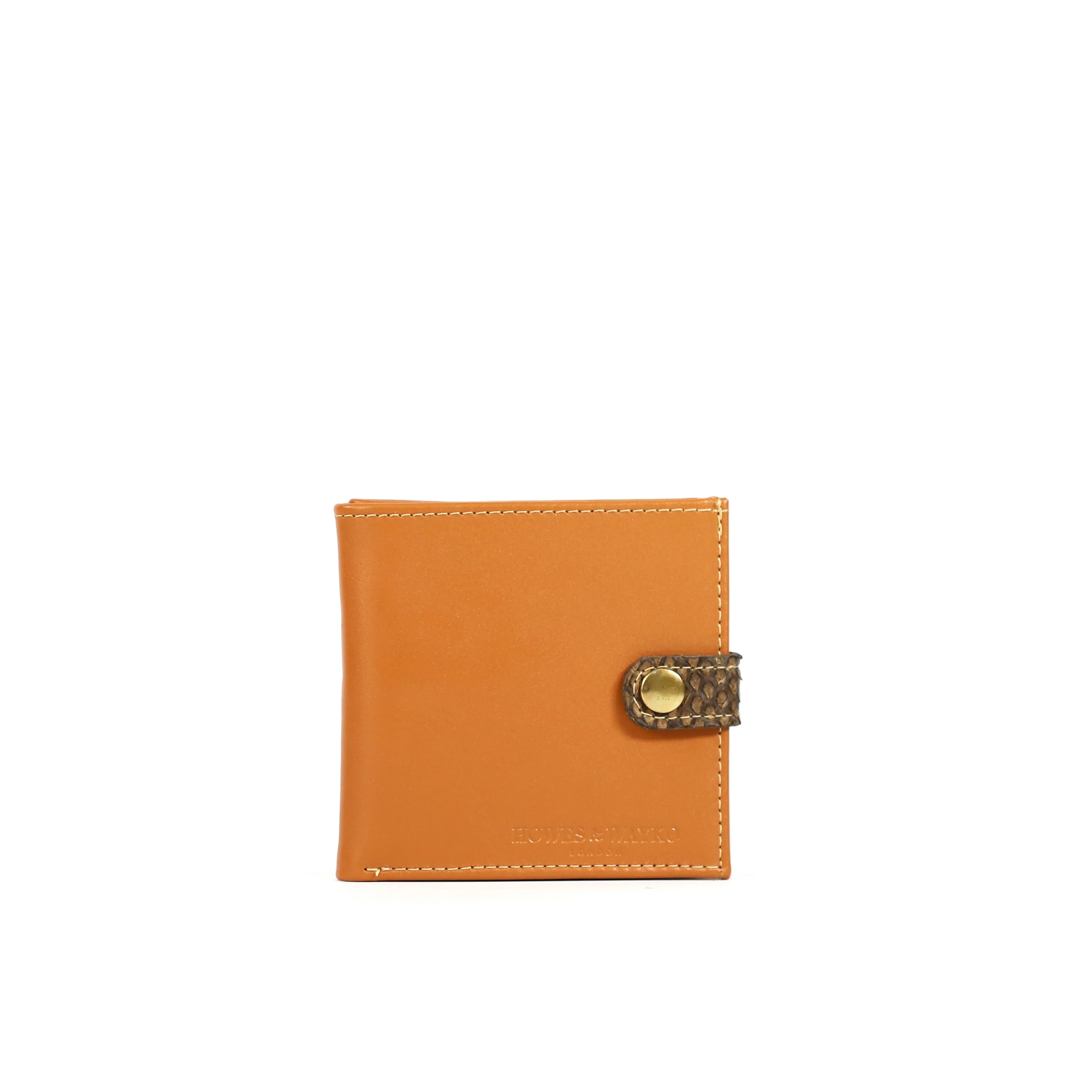Tan leather wallet with a Snake clasp with a gold buckle on a white background