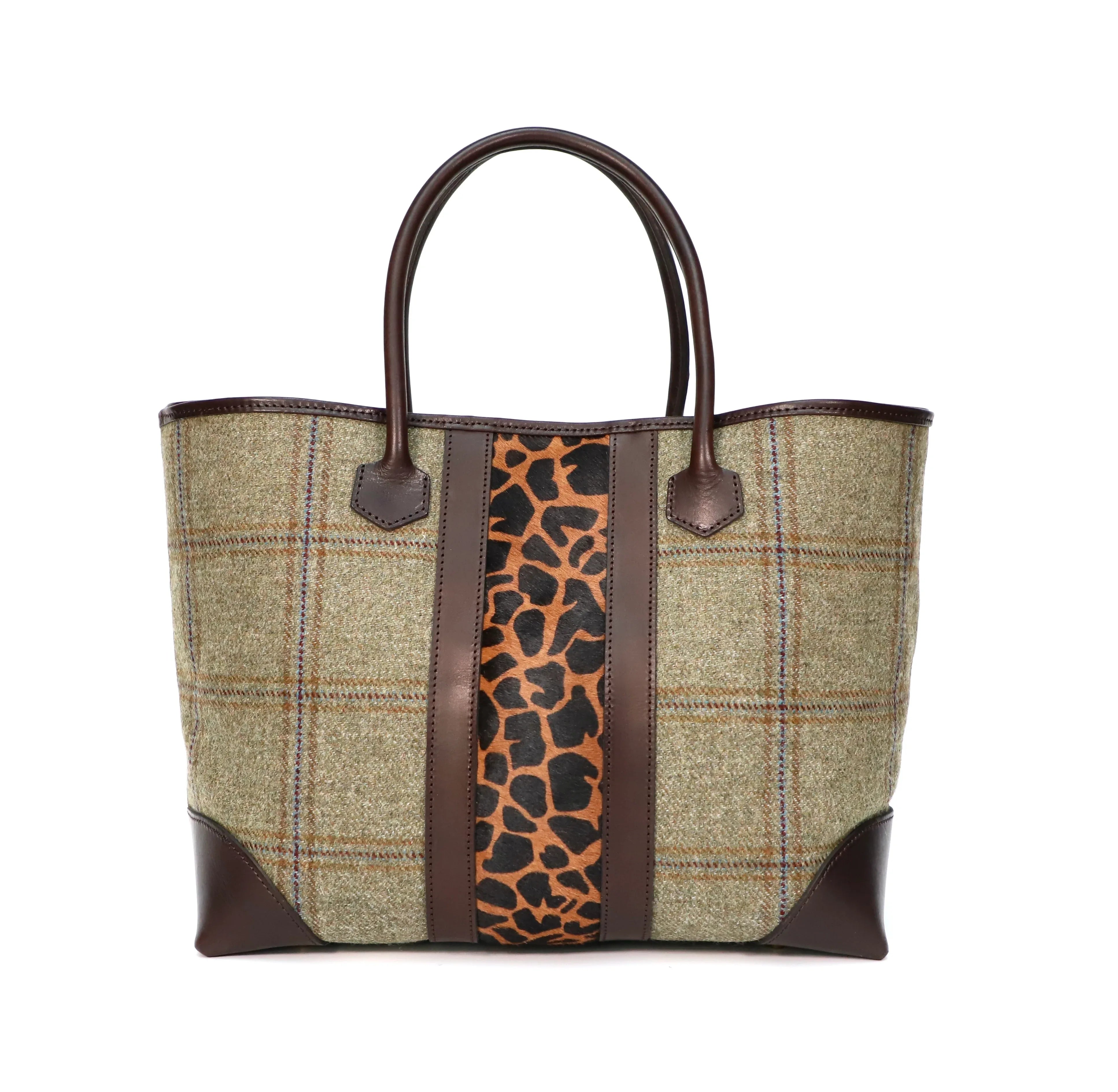 Olive Tweed tote bag with brown leather accents and a giraffe pattern on a white background