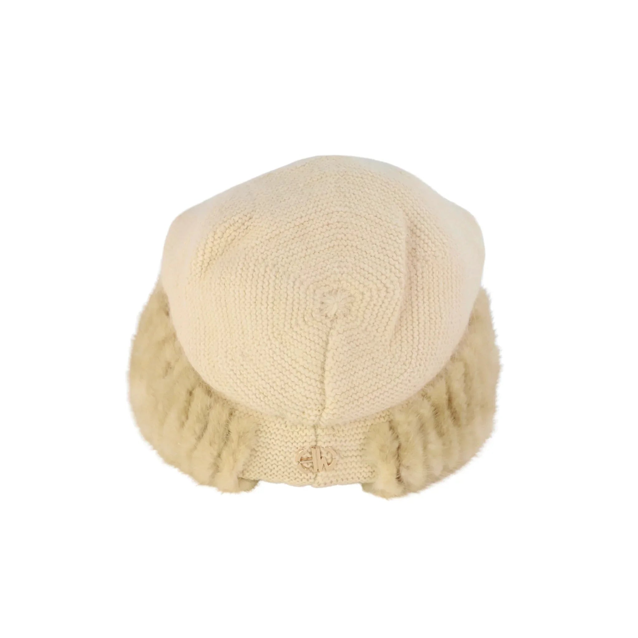 Beige knit beanie with fluffy texture on a white background