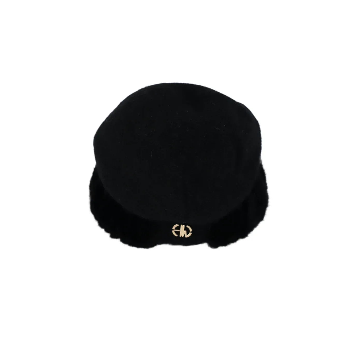 Black fur beanie hat with a gold emblem on a white background