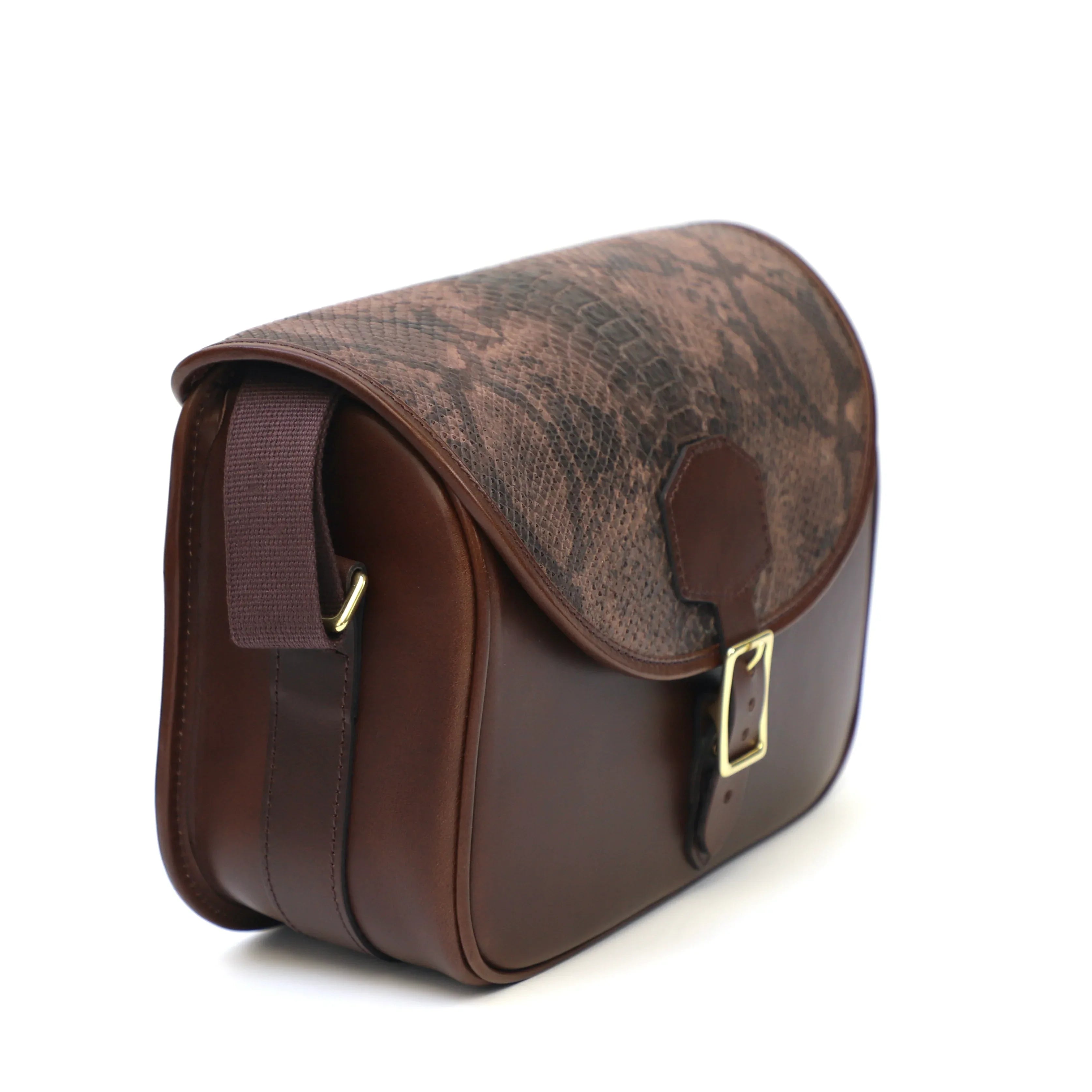 Freya Megan - Stylish Shooting Cartridge Bags, an image of a leather mocsnake cartridge bag with brass hardware/buckle side view