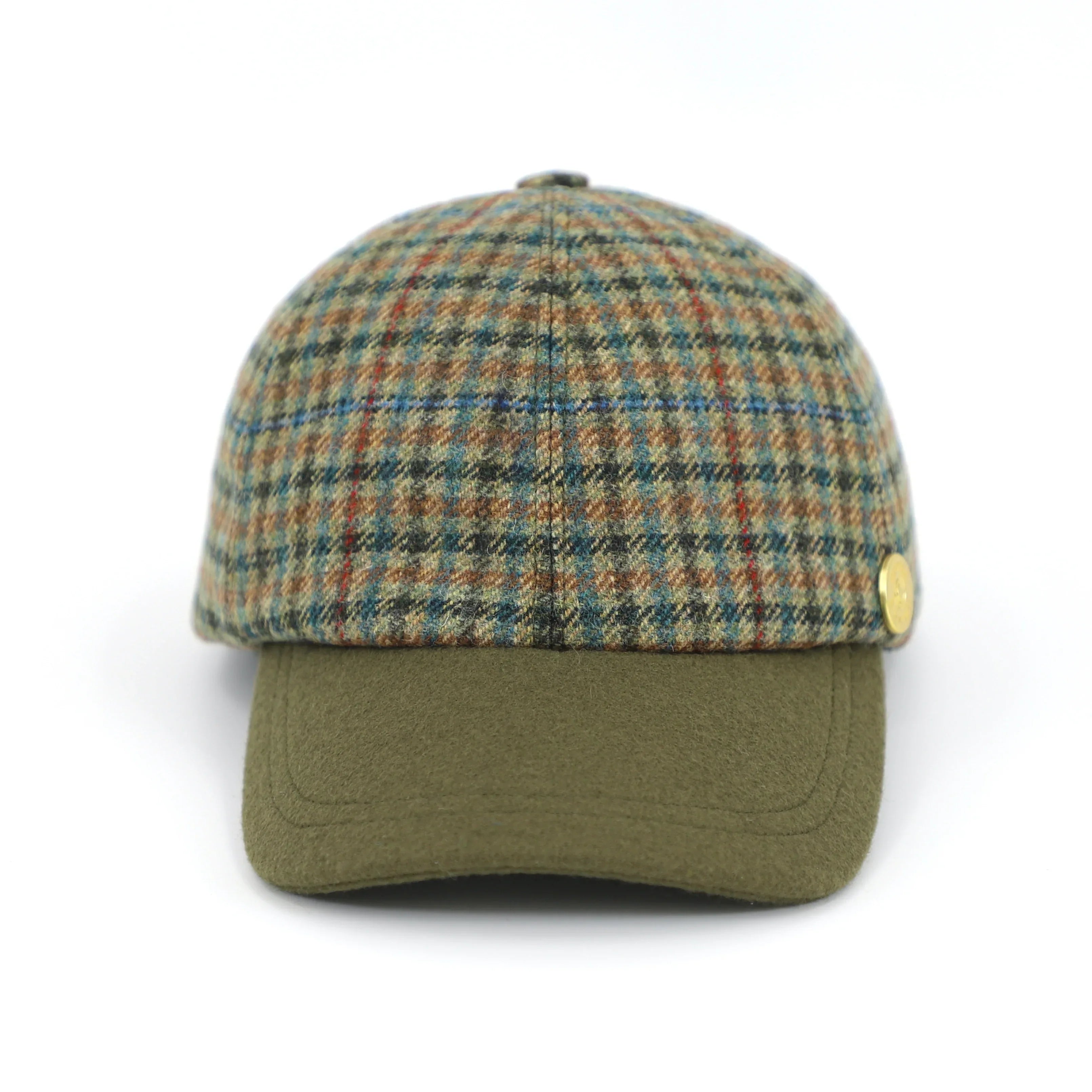 sage and red-checked British tweed cap front view